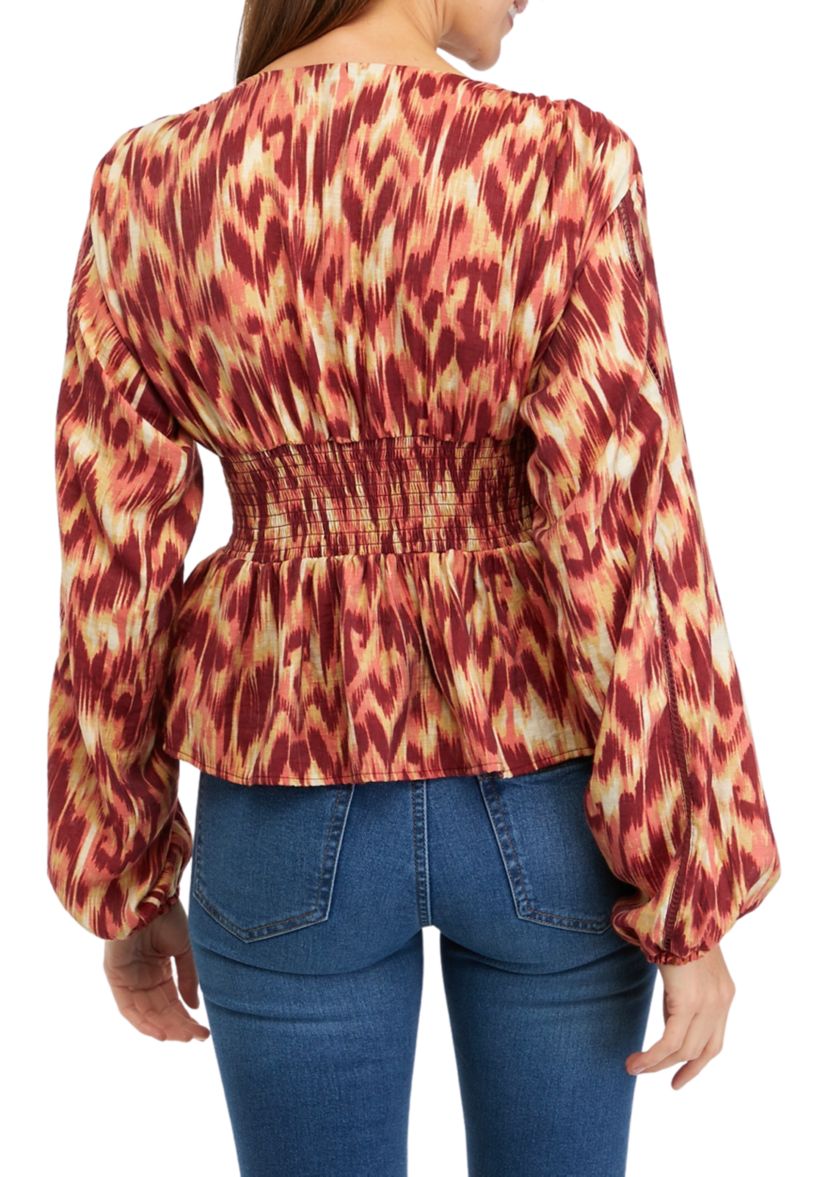 Womens Blouson Sleeve Textured Woven Top