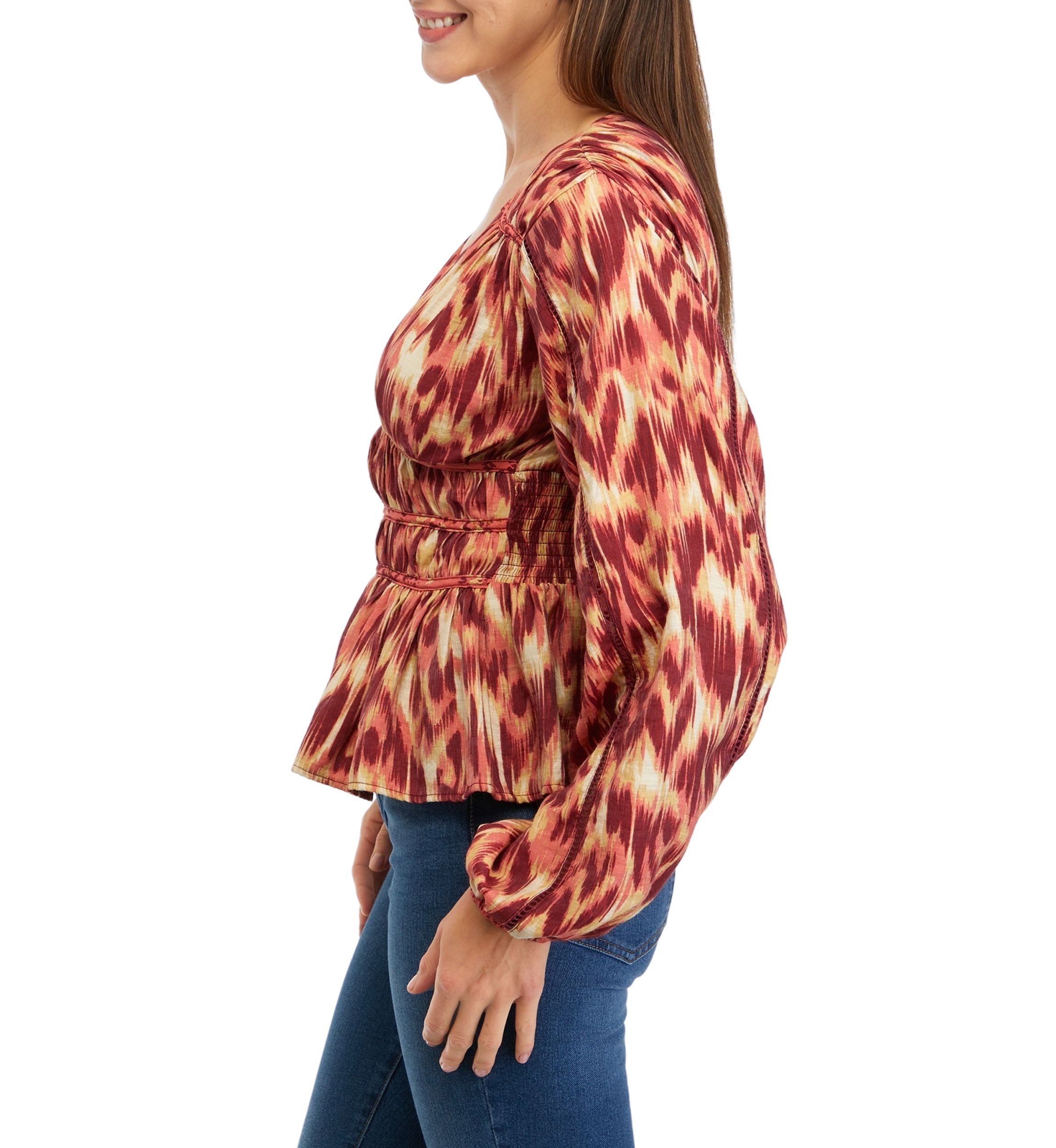 Womens Blouson Sleeve Textured Woven Top