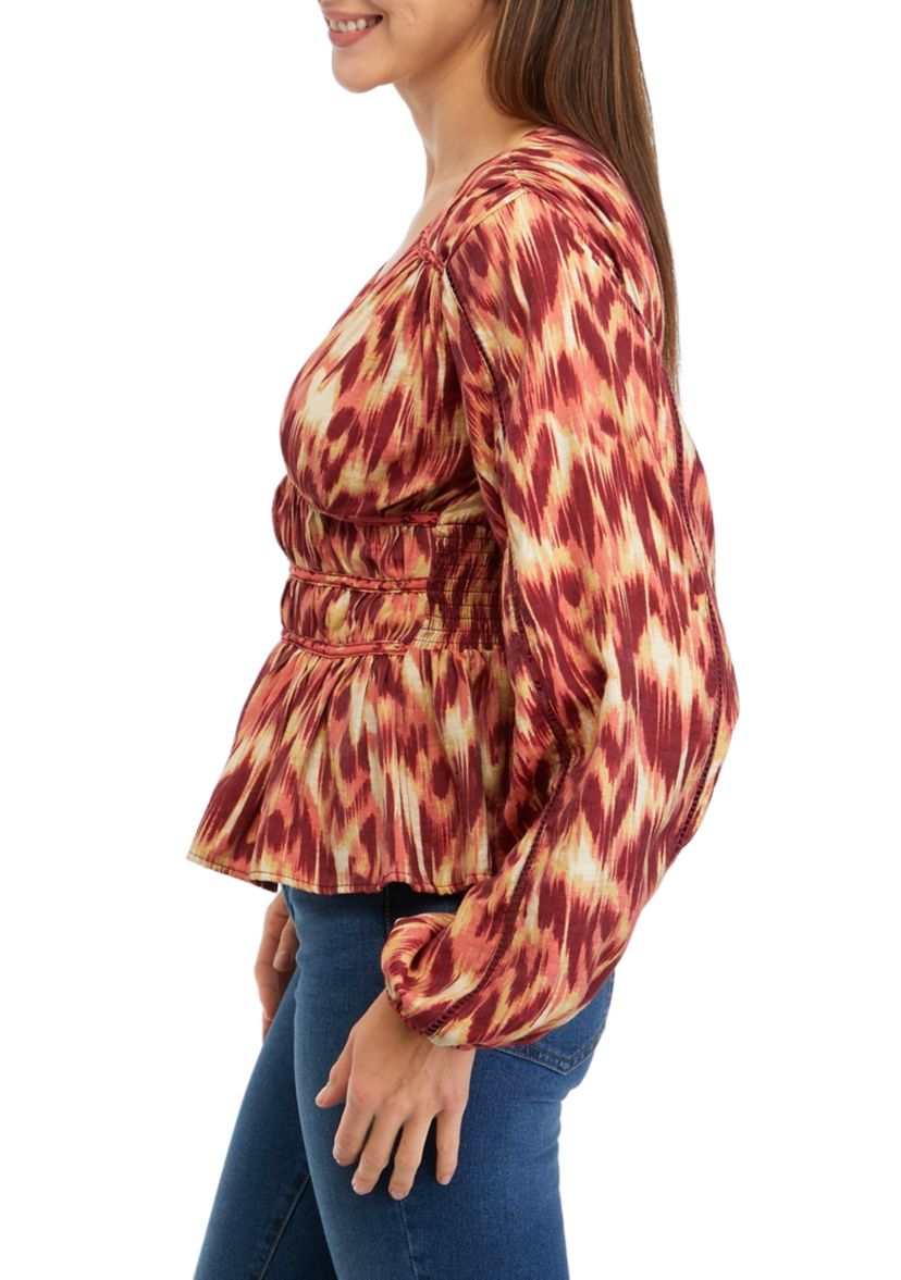 Womens Blouson Sleeve Textured Woven Top