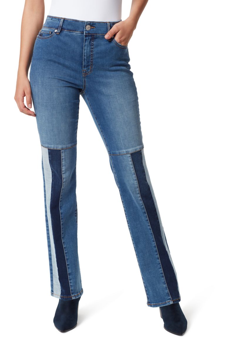 Womens High Rise Color Block Straight Leg Jeans