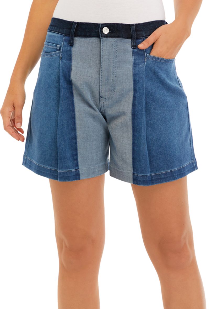 Womens High Rise A-Line Pleated Patchwork Shorts 