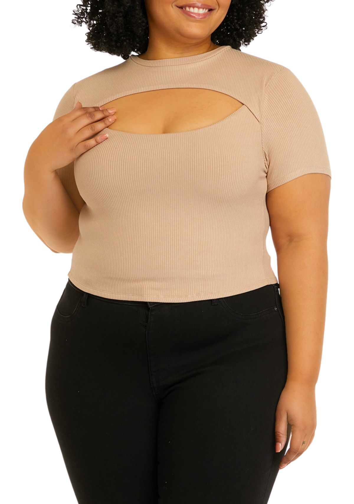 Short Sleeve Cut Out Chest Crew Neck Top - Missy and Plus Sizes 