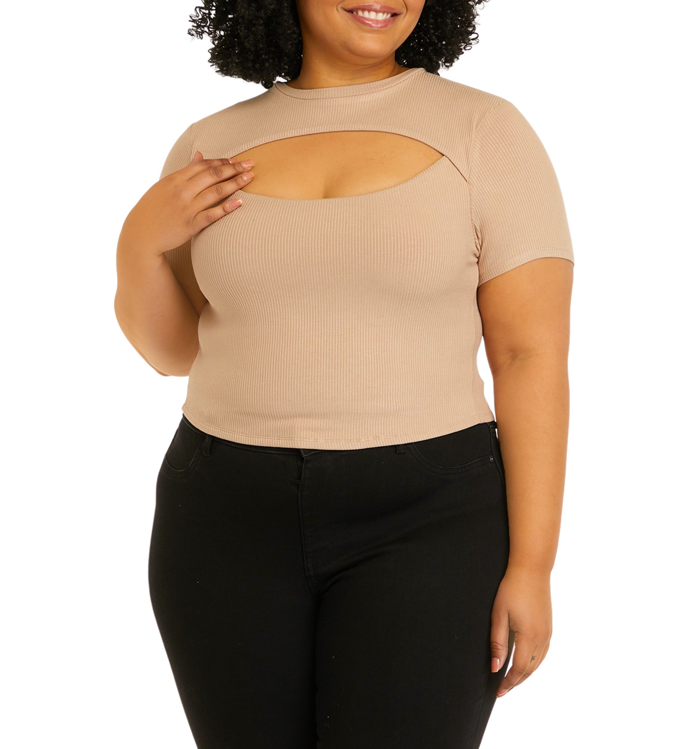 Short Sleeve Cut Out Chest Crew Neck Top - Missy and Plus Sizes 