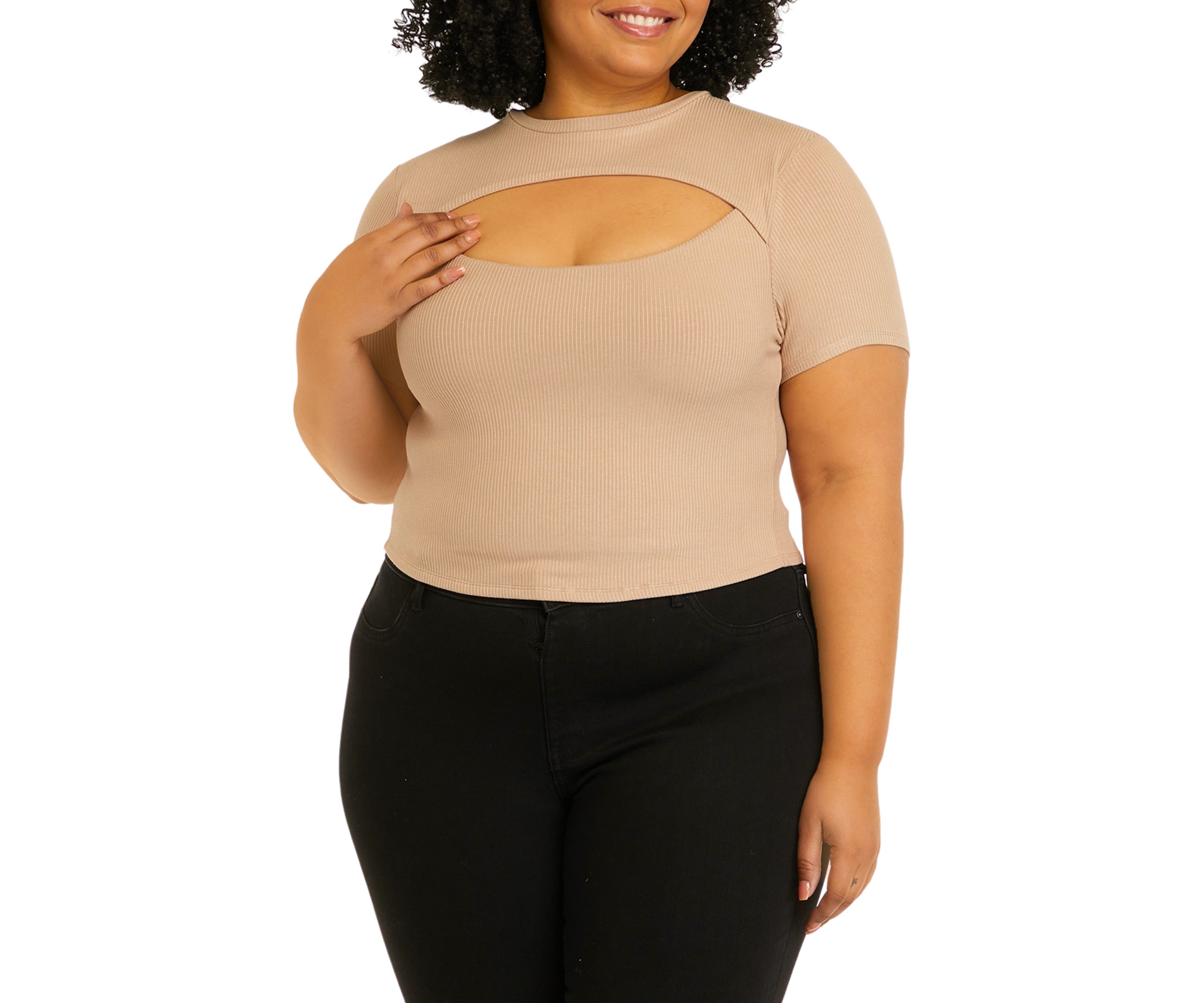Short Sleeve Cut Out Chest Crew Neck Top - Missy and Plus Sizes 