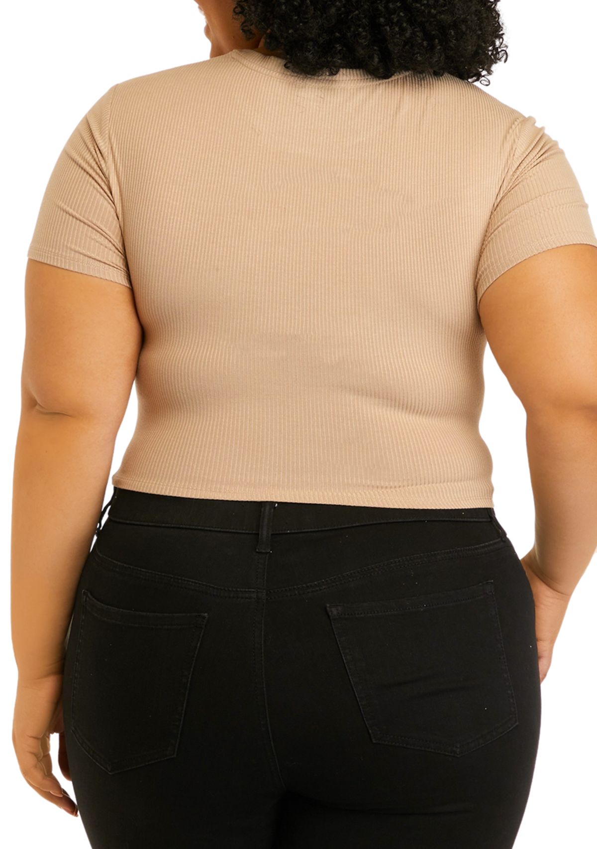 Short Sleeve Cut Out Chest Crew Neck Top - Missy and Plus Sizes 