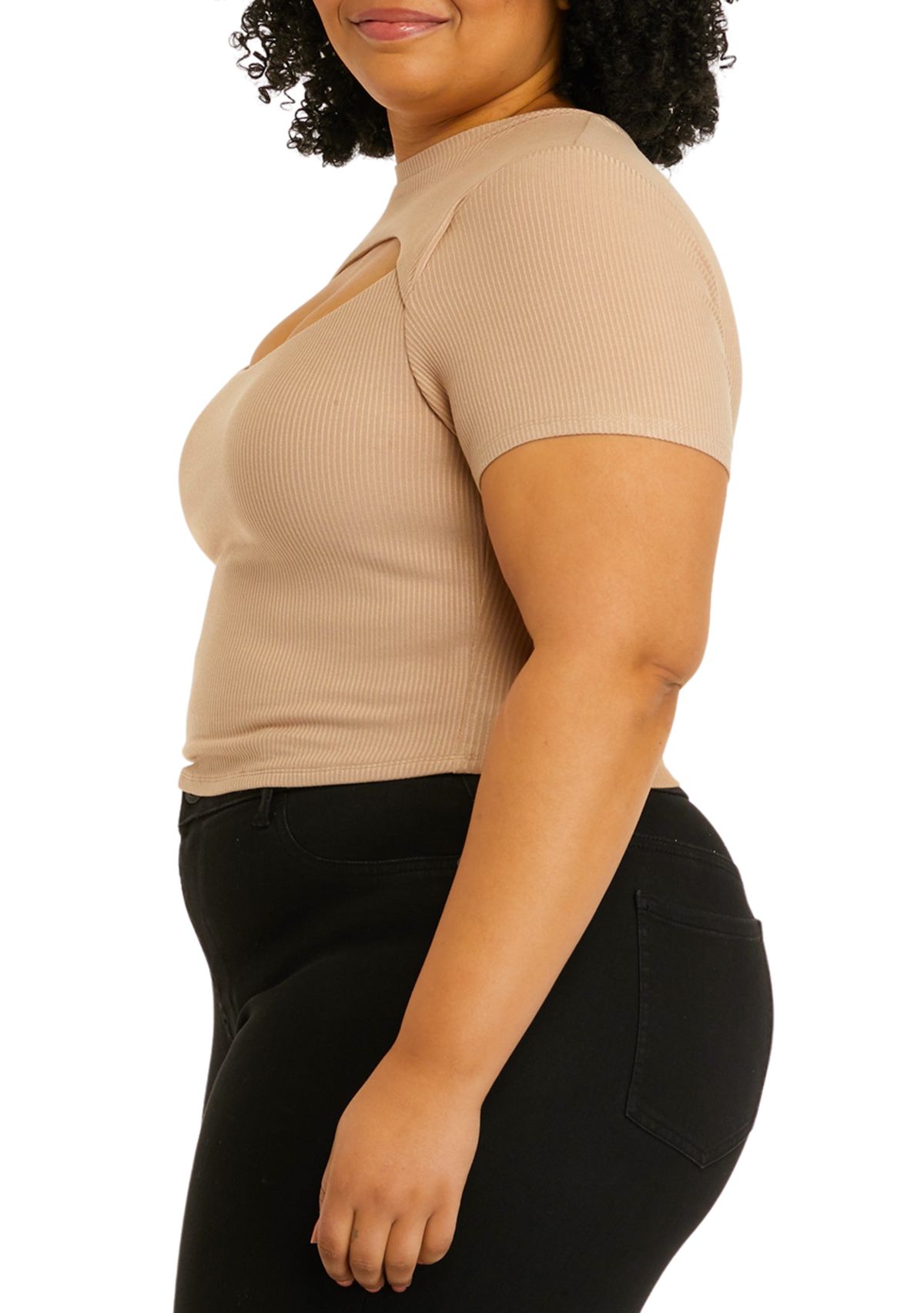 Short Sleeve Cut Out Chest Crew Neck Top - Missy and Plus Sizes 