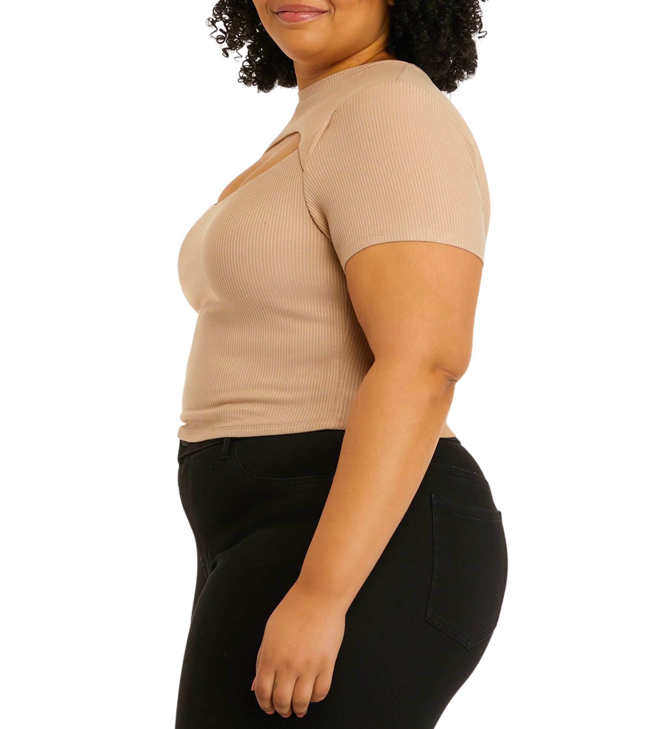 Short Sleeve Cut Out Chest Crew Neck Top - Missy and Plus Sizes 