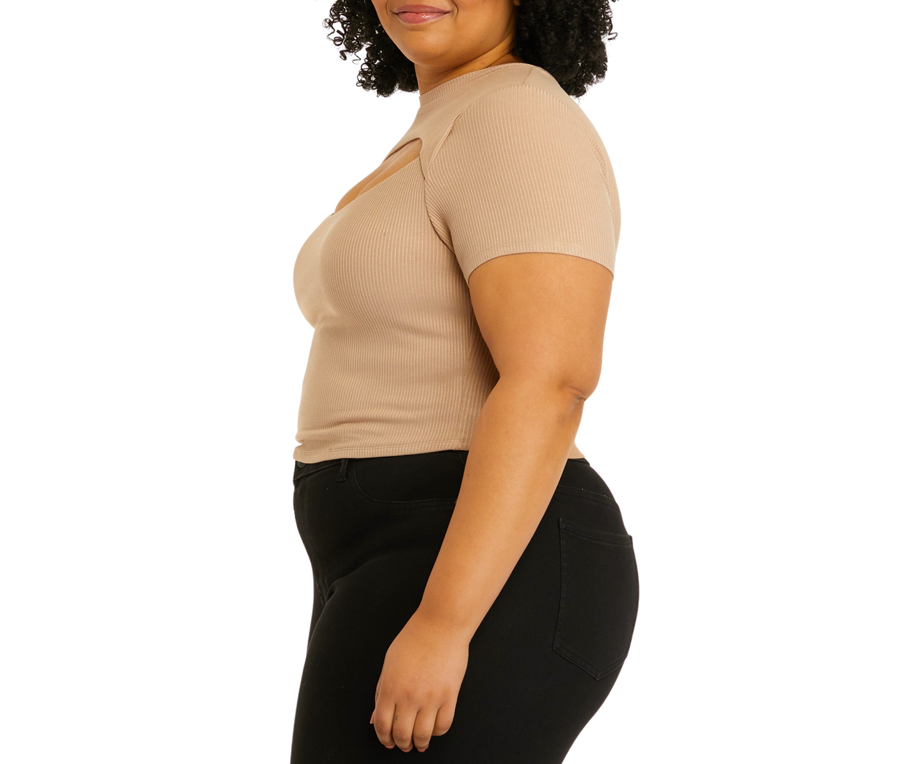 Short Sleeve Cut Out Chest Crew Neck Top - Missy and Plus Sizes 