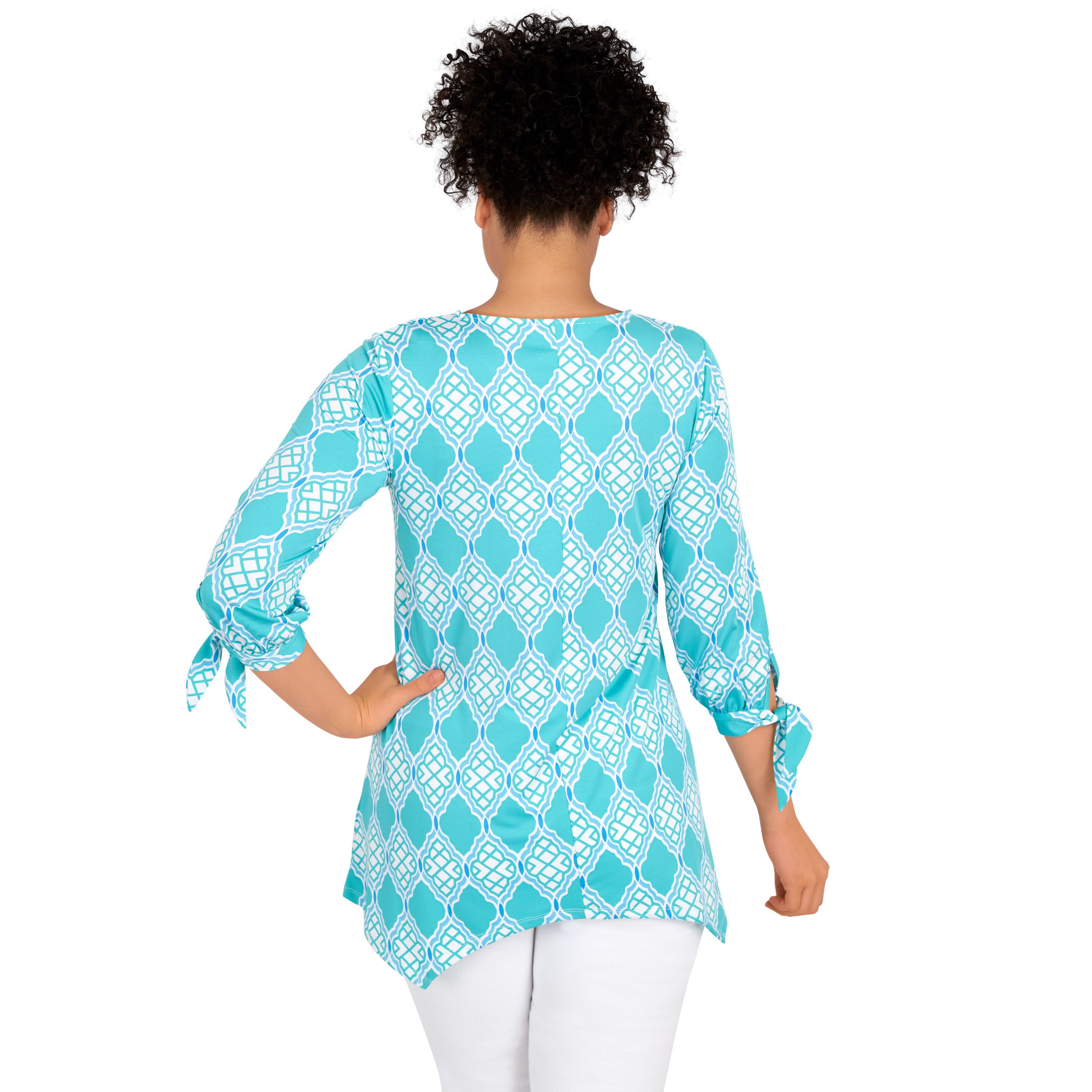 Lattice pattern print knit tie sleeve top