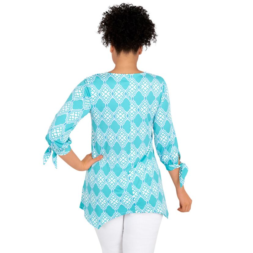 Lattice pattern print knit tie sleeve top