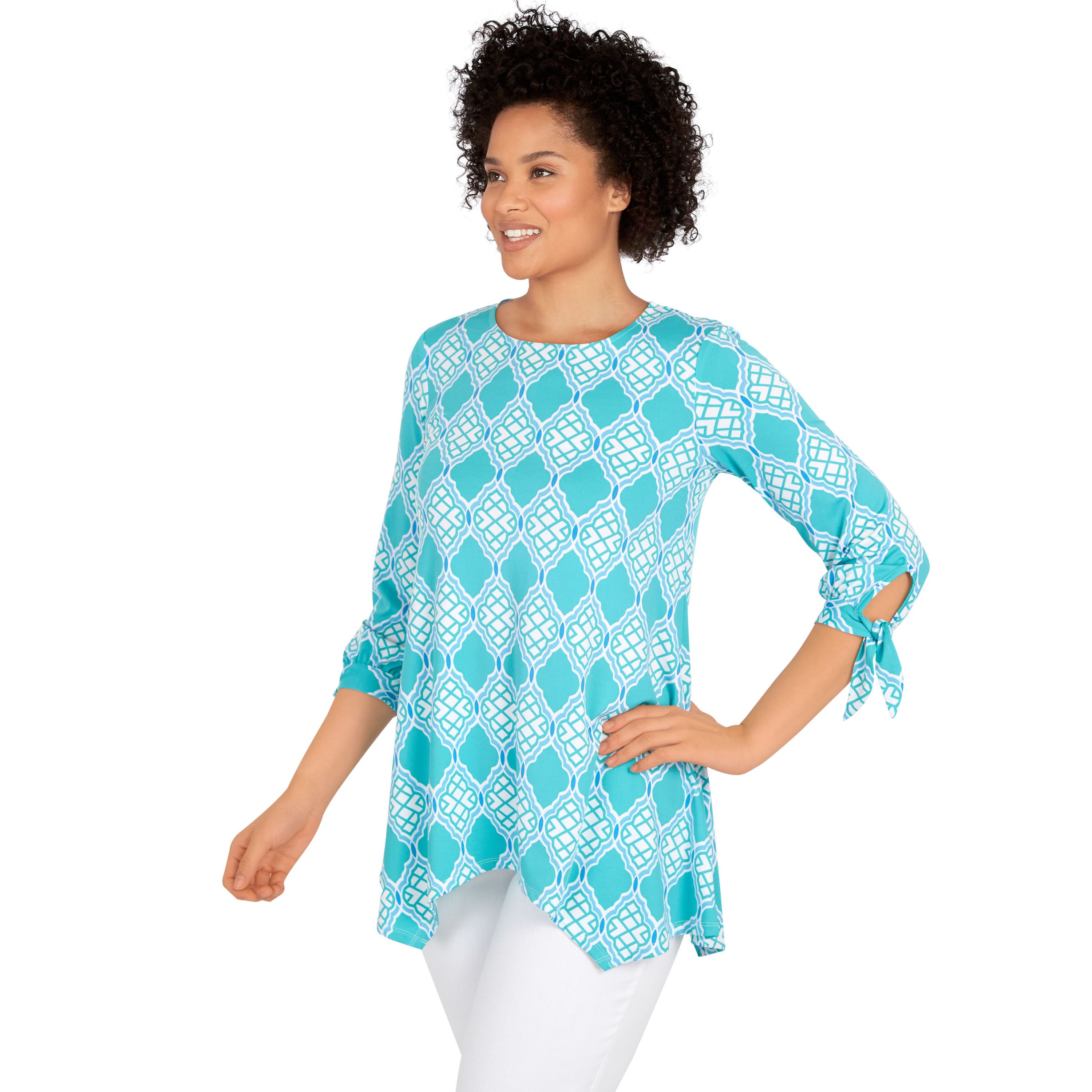 Lattice pattern print knit tie sleeve top