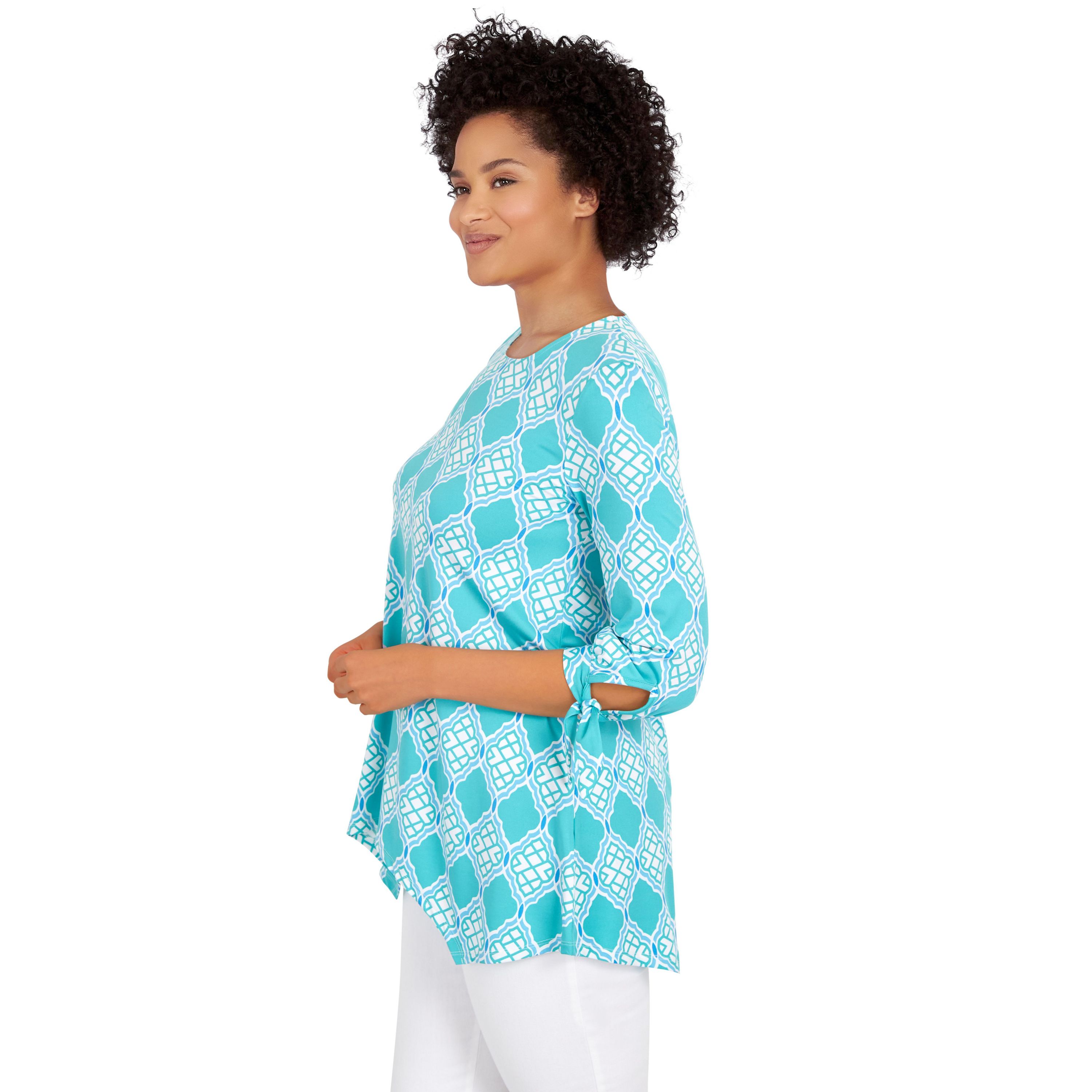 Lattice pattern print knit tie sleeve top
