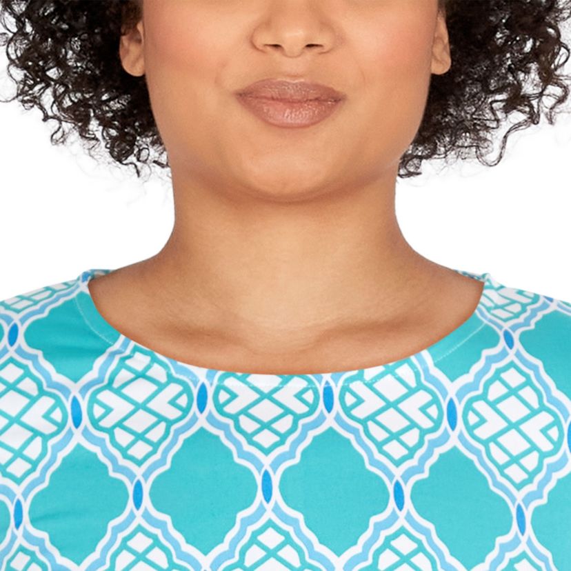 Lattice pattern print knit tie sleeve top