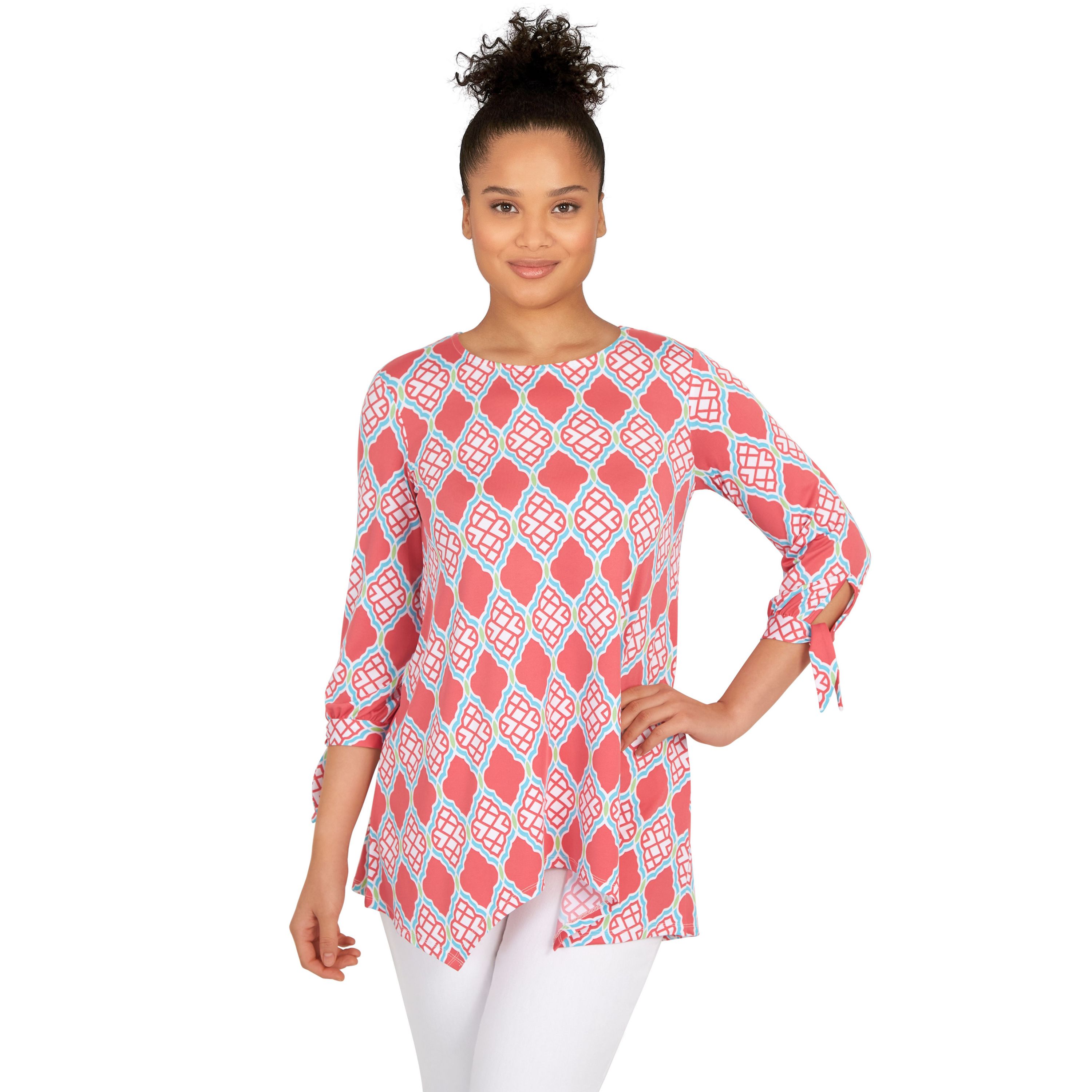 Lattice pattern print knit tie sleeve top