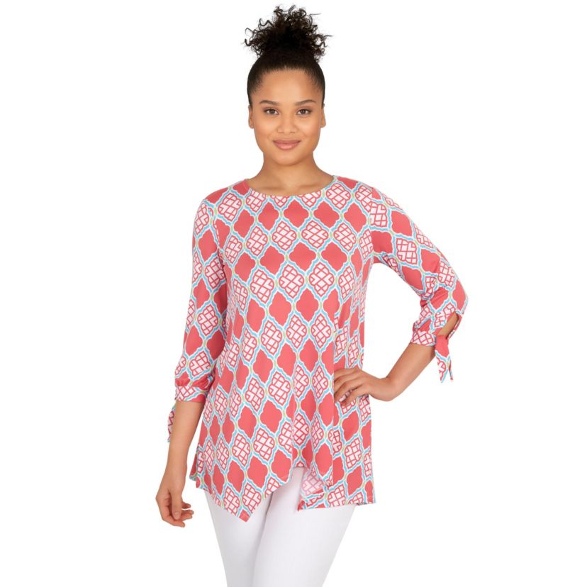 Lattice pattern print knit tie sleeve top