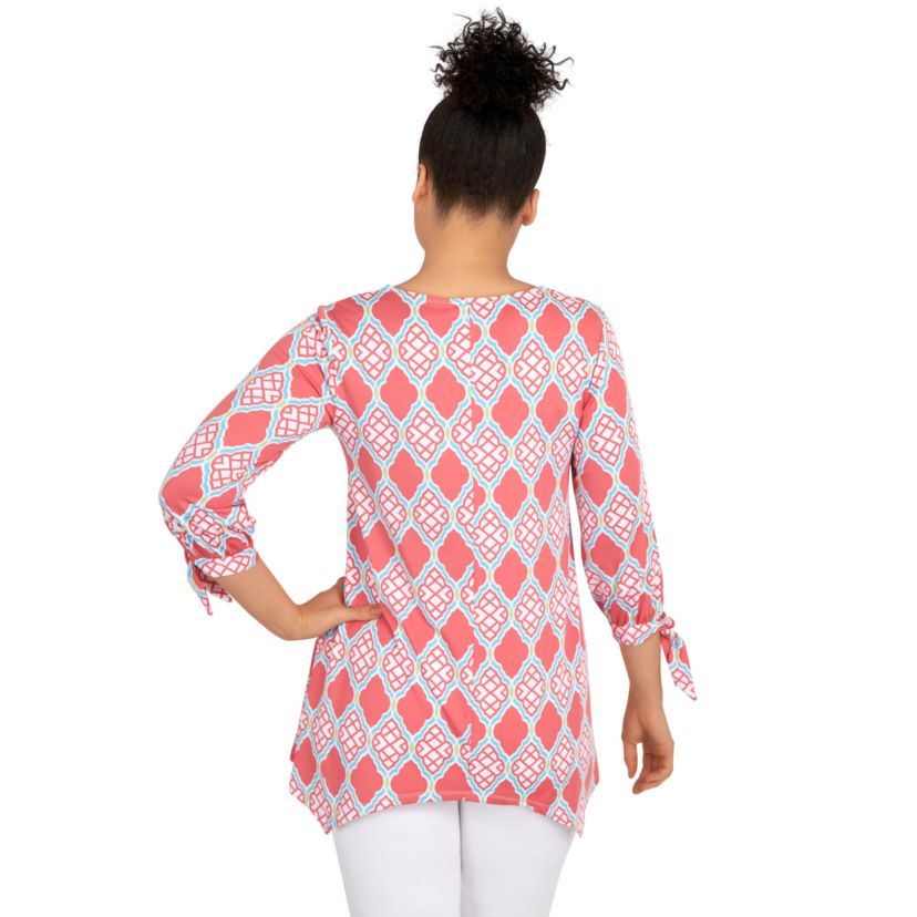 Lattice pattern print knit tie sleeve top