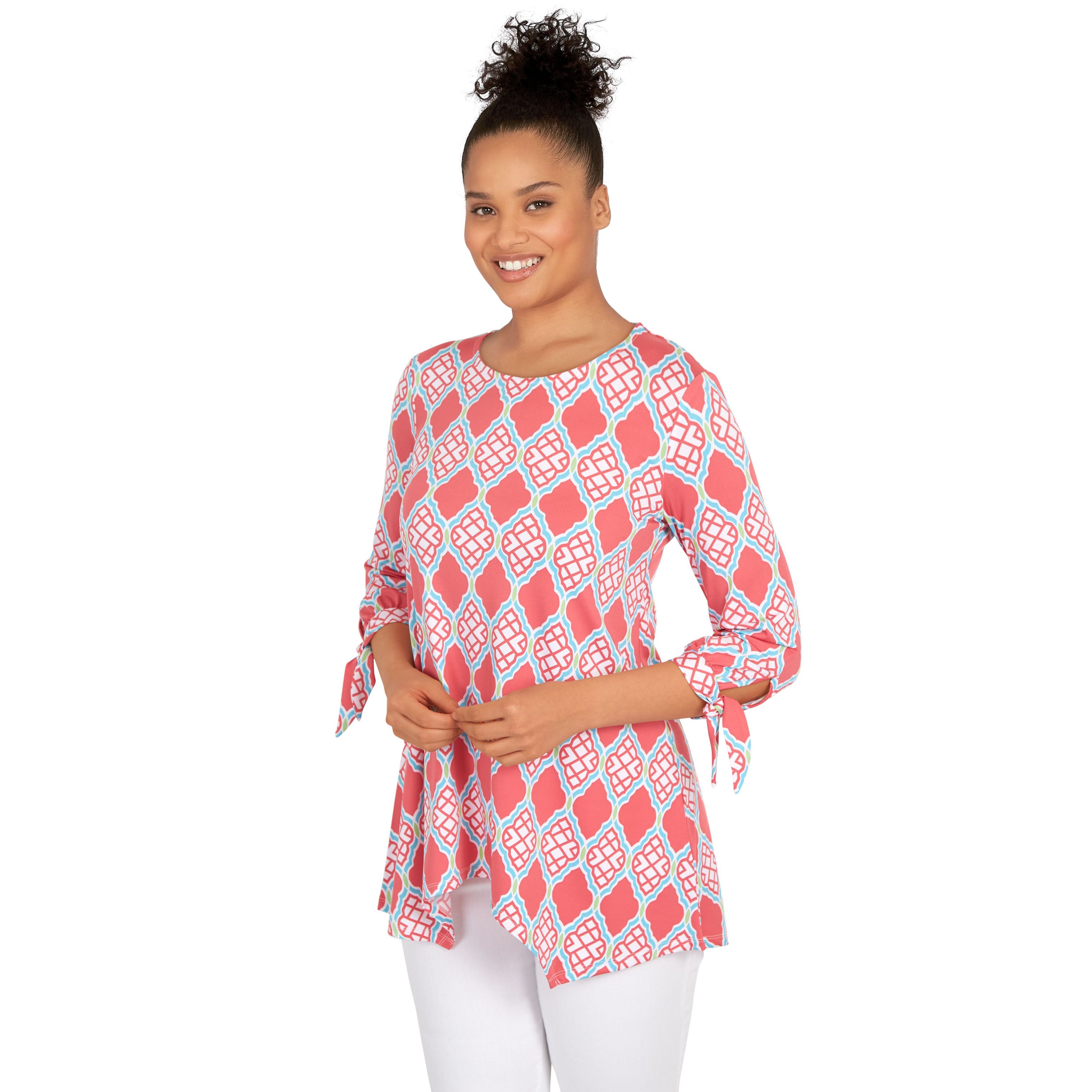 Lattice pattern print knit tie sleeve top