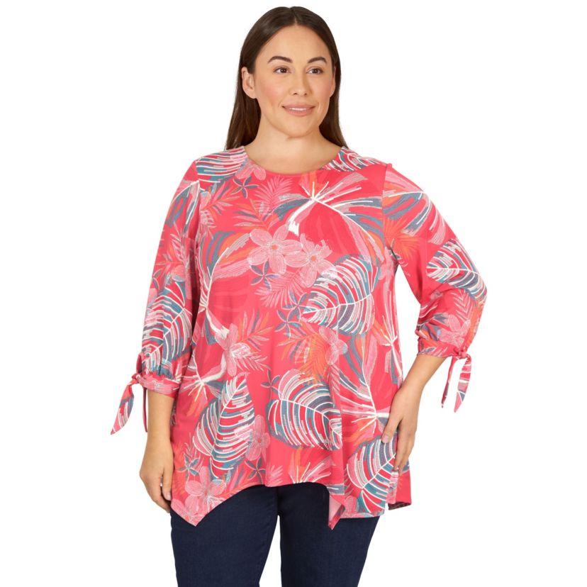 Tropical fern puff print knit top tie sleeve top