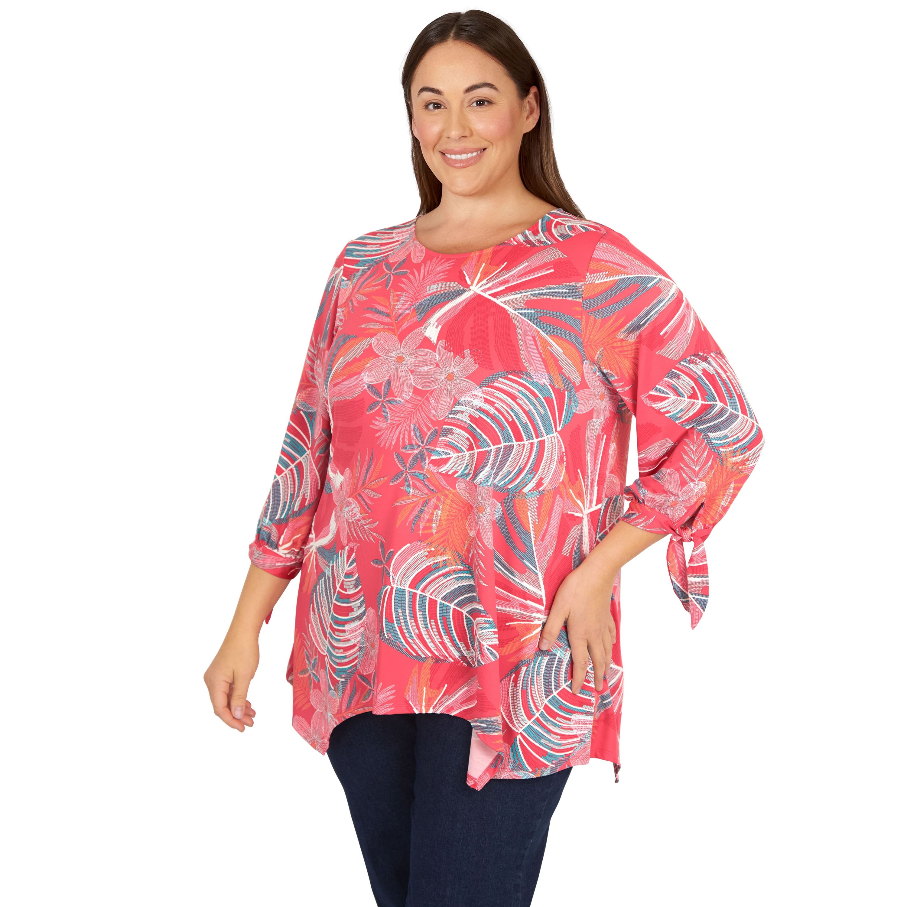 Tropical fern puff print knit top tie sleeve top
