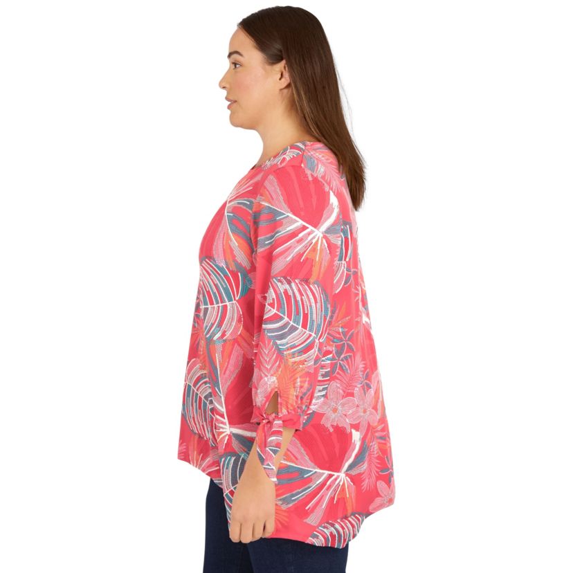 Tropical fern puff print knit top tie sleeve top