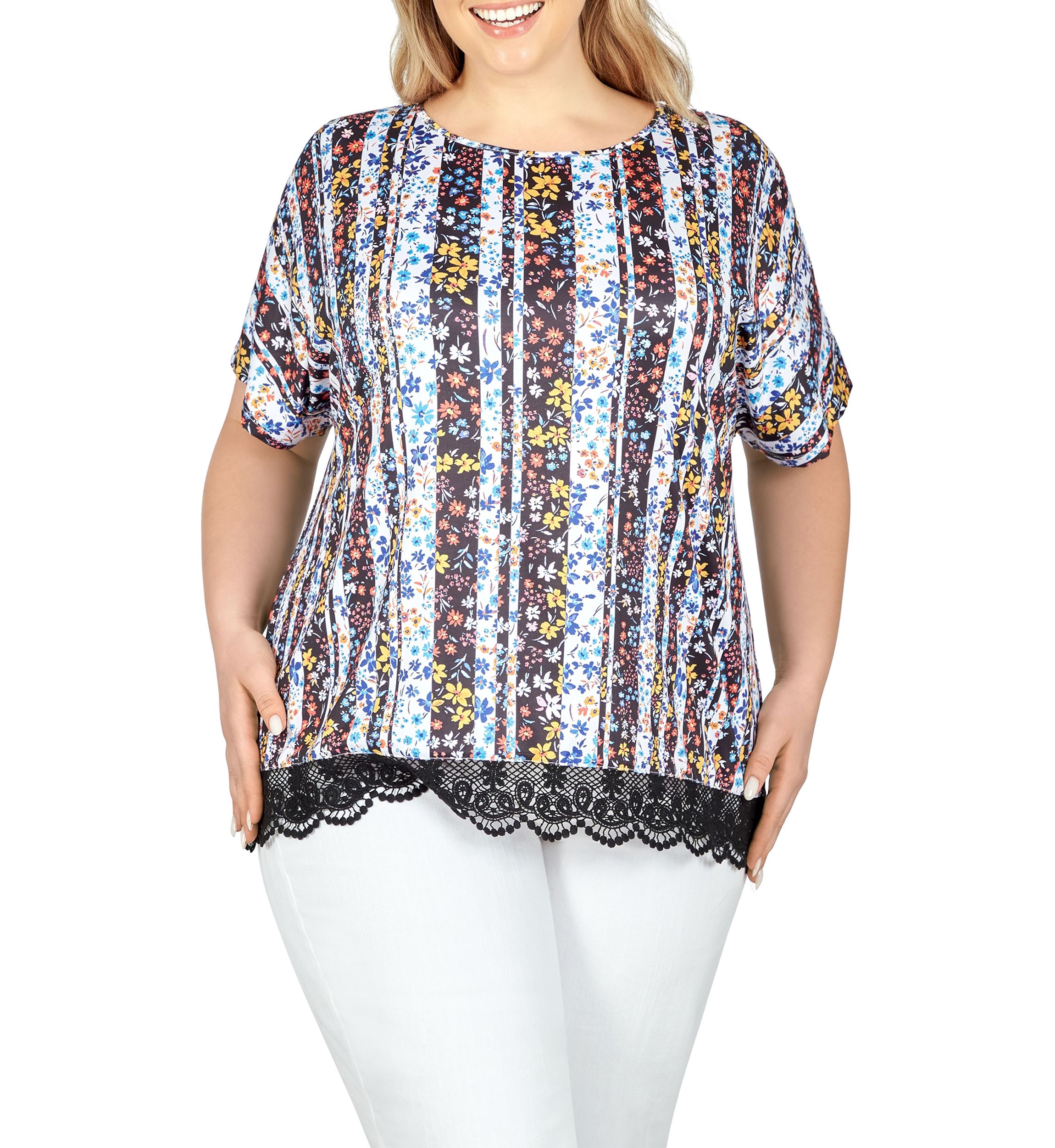 Lace T-shirt Top in Joyful Stripes