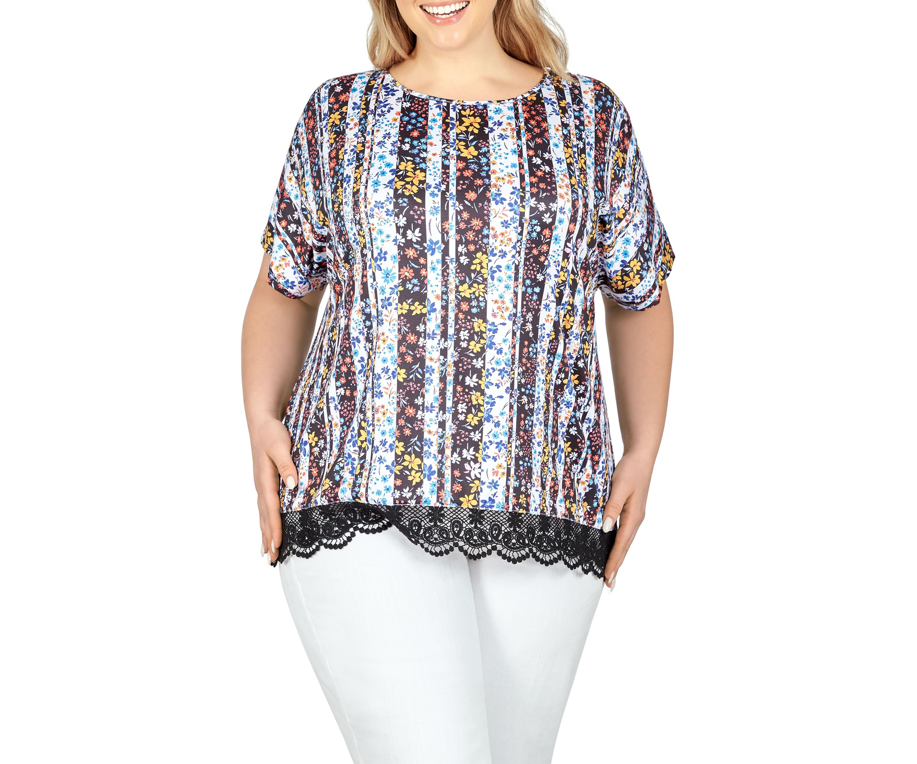 Lace T-shirt Top in Joyful Stripes