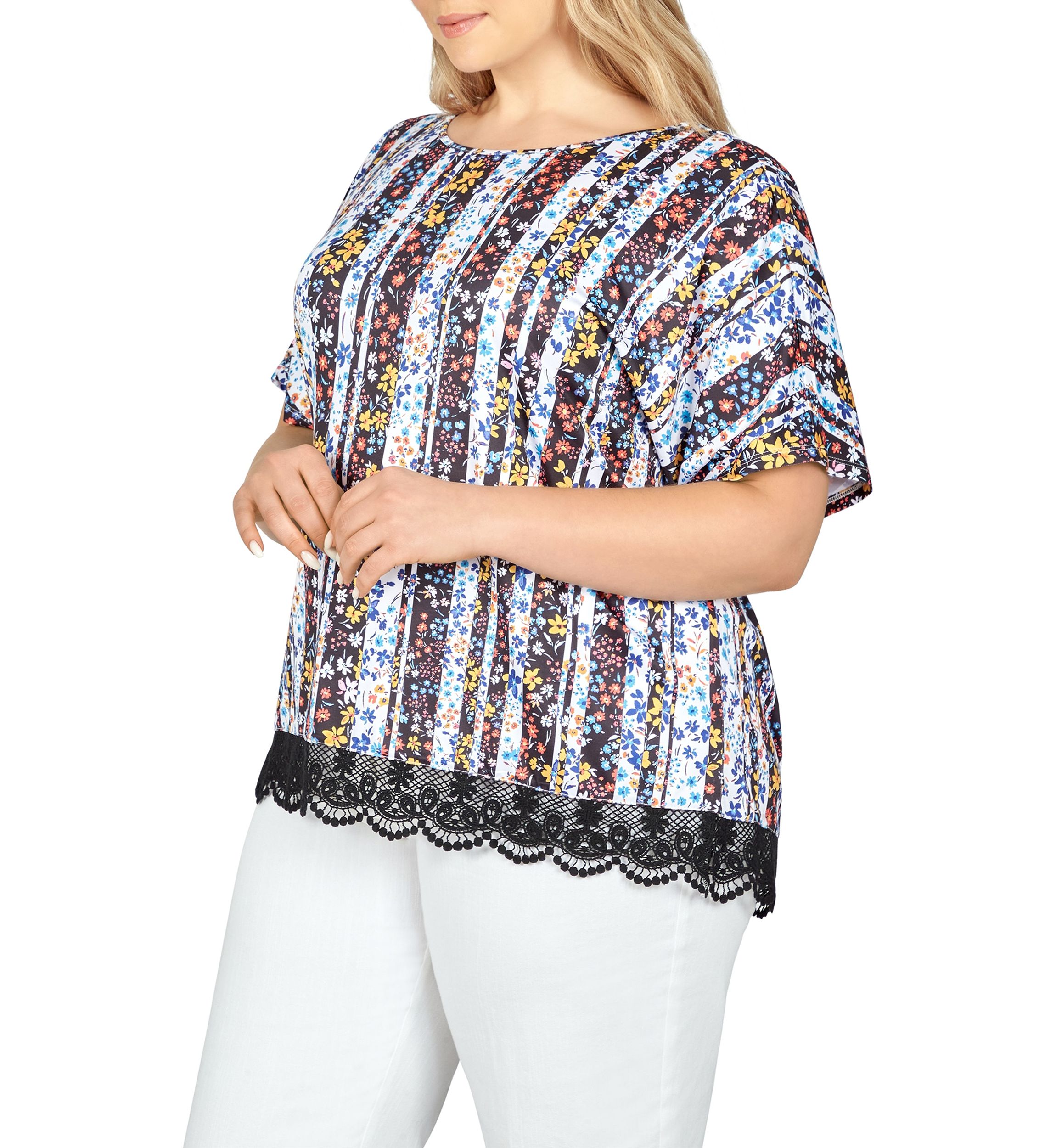 Lace T-shirt Top in Joyful Stripes