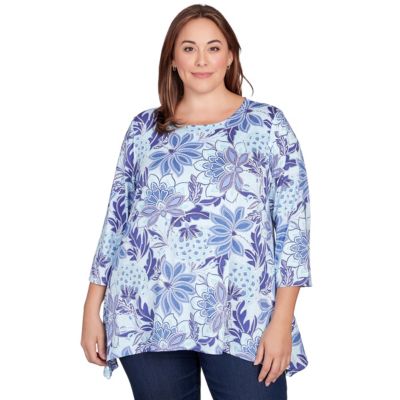 Larky Lark Scoop neck filigree floral puff print shark bite knit top | belk