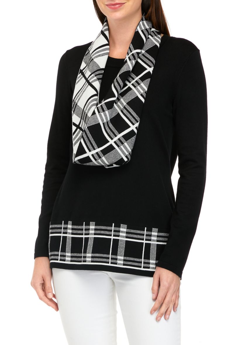 Petite Long Sleeve Sweater with Printed Scarf