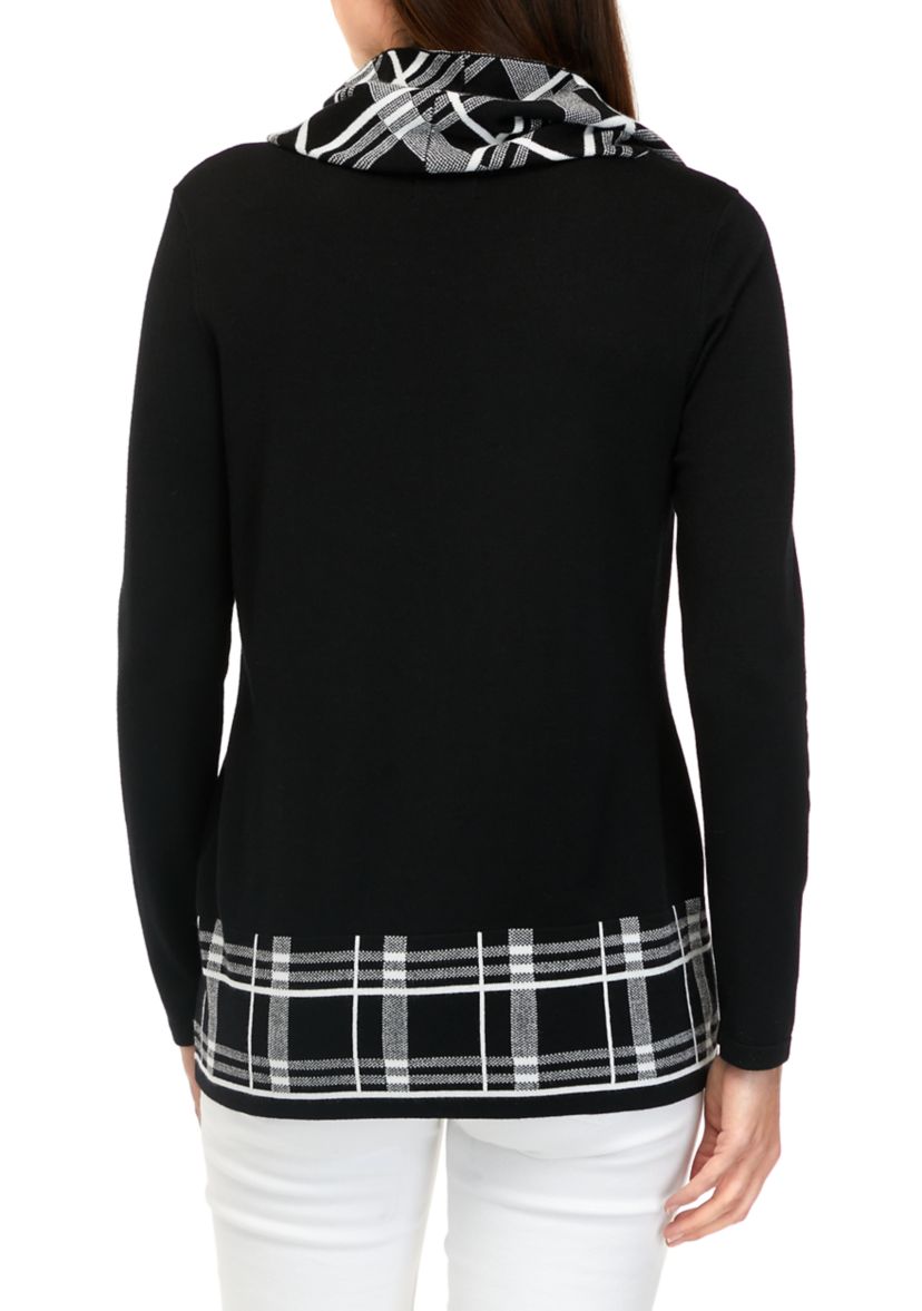 Petite Long Sleeve Sweater with Printed Scarf