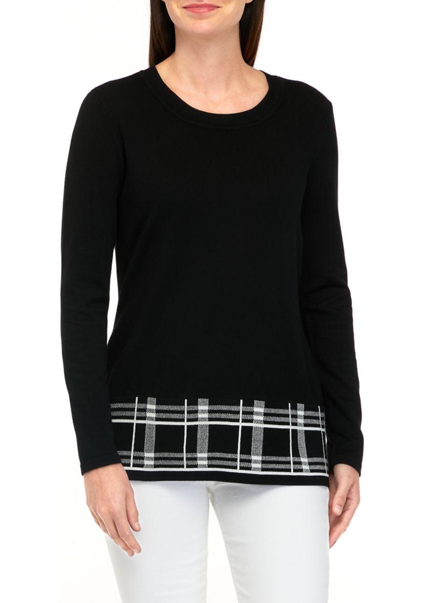 Petite Long Sleeve Sweater with Printed Scarf