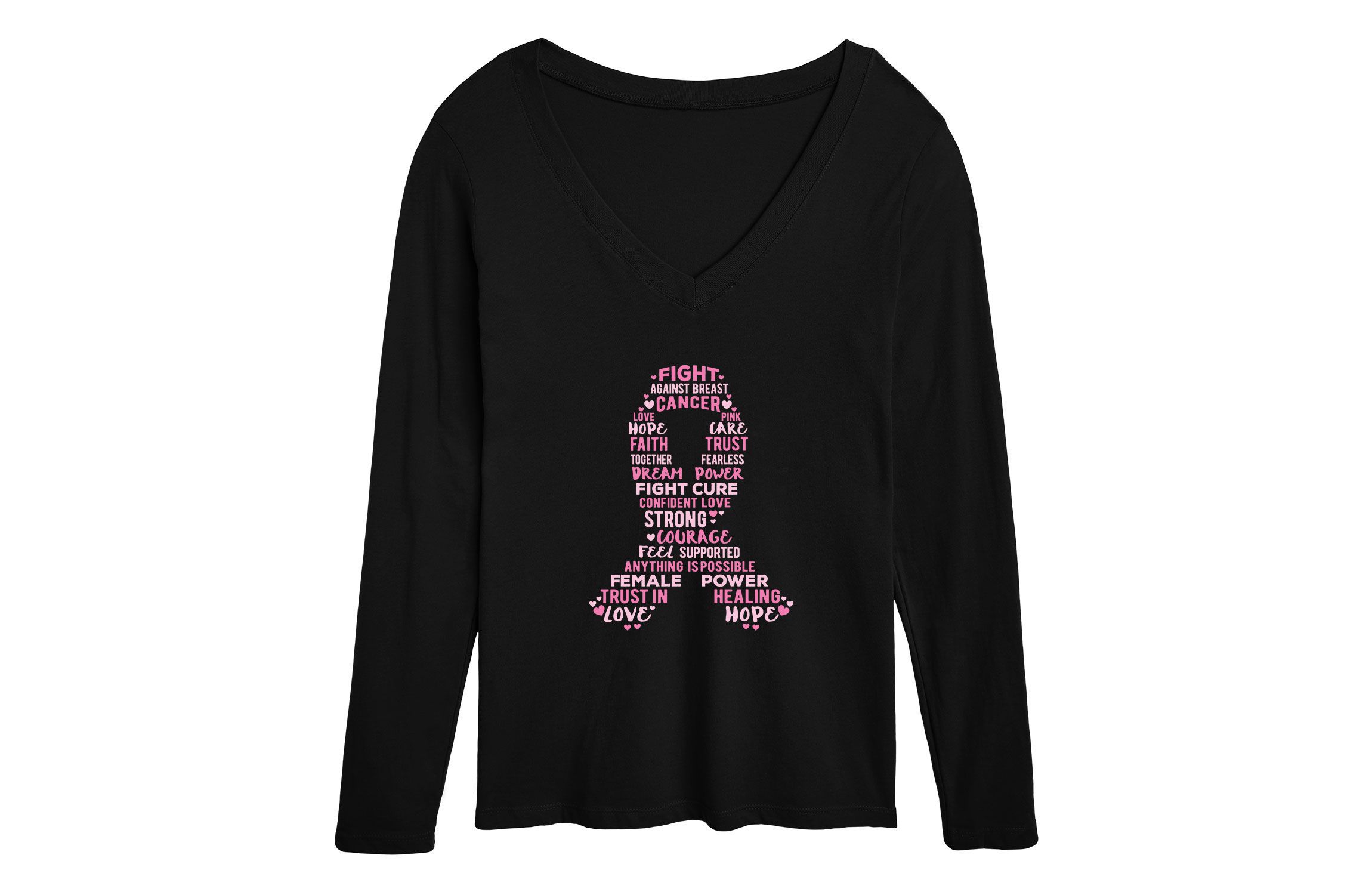Cancer Ribbon V Neck LS