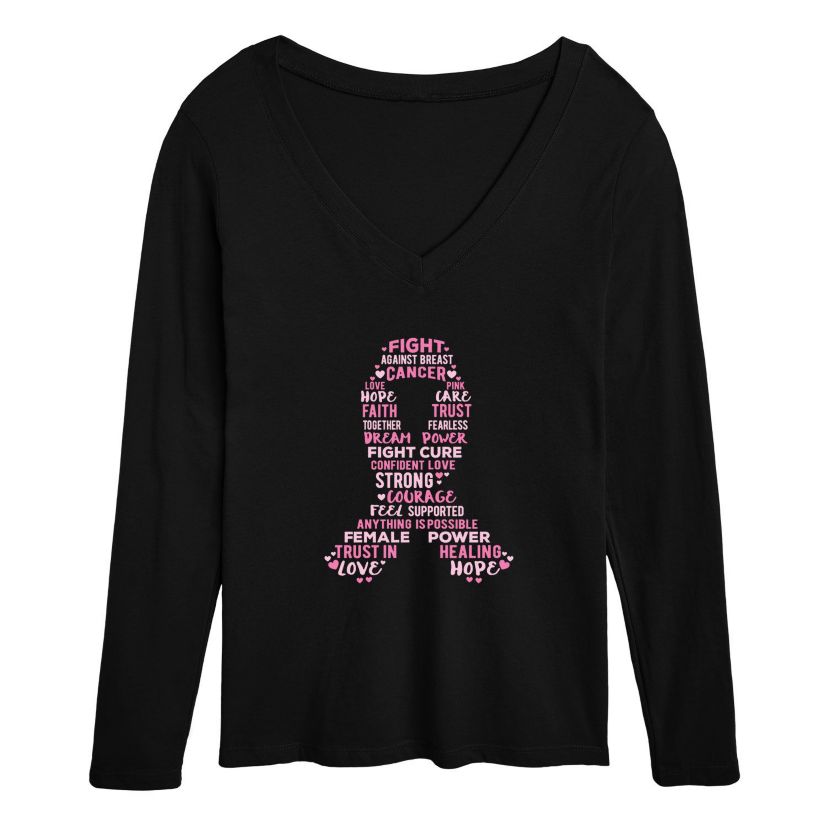 Cancer Ribbon V Neck LS
