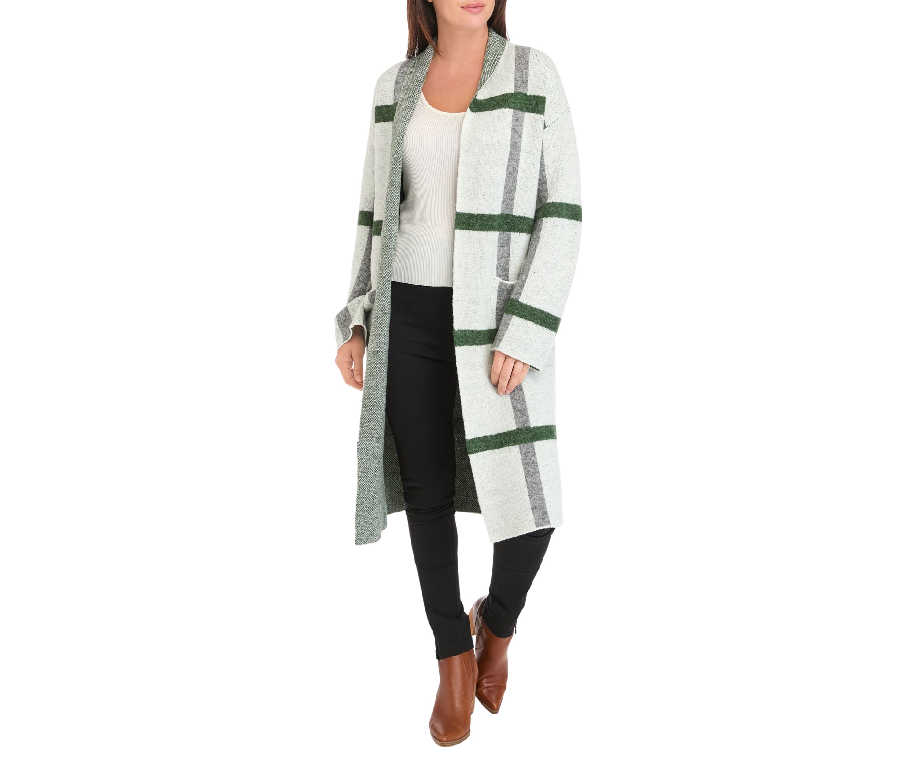 Womens Long Sleeve Plaid Coatigan 