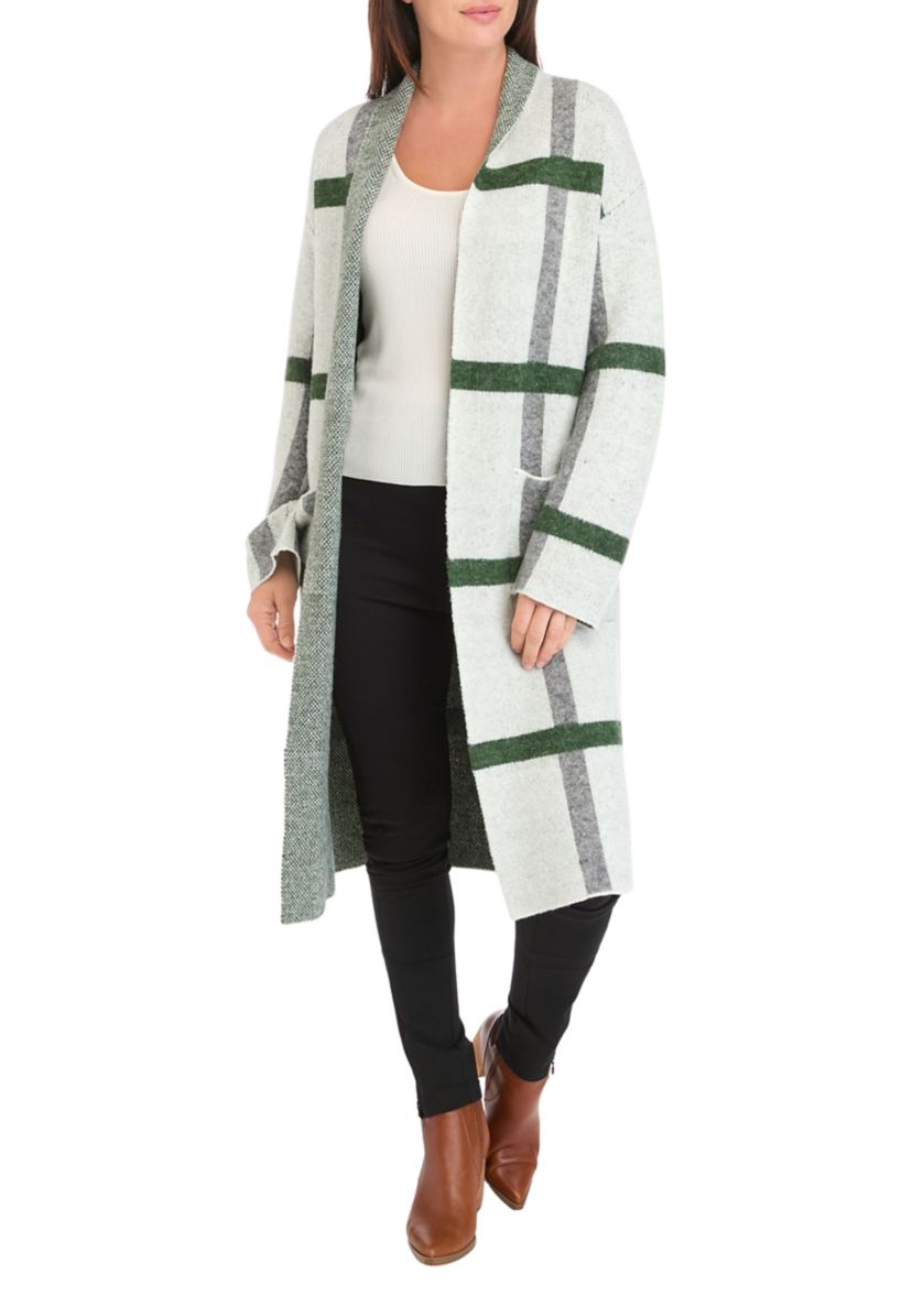 Womens Long Sleeve Plaid Coatigan 