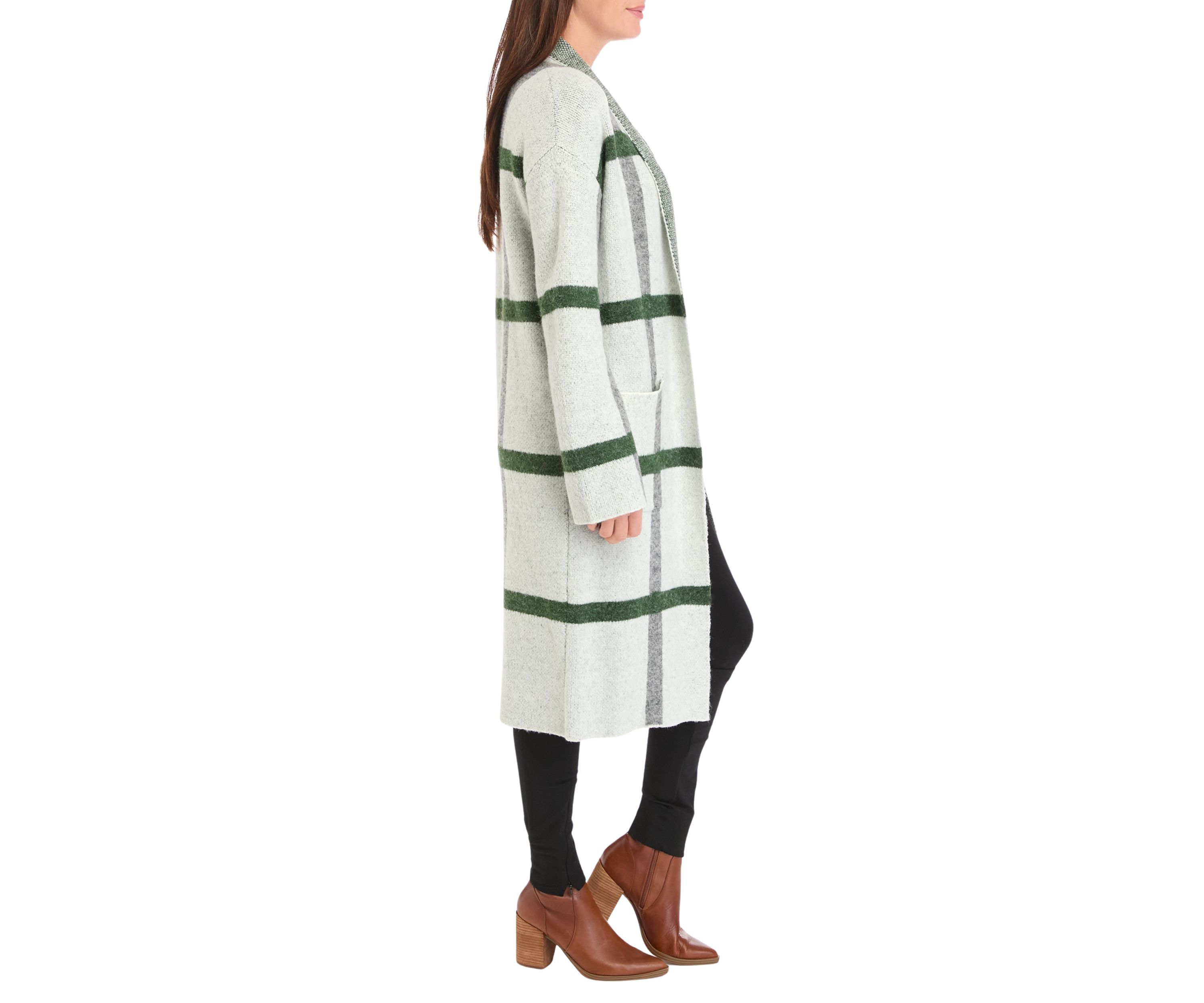 Womens Long Sleeve Plaid Coatigan 