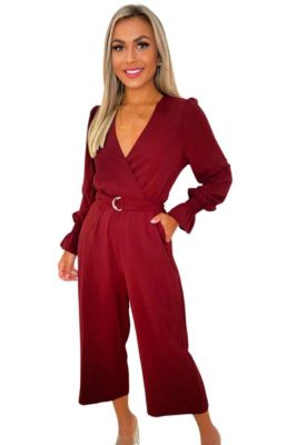 AX Paris Dark Purple Long Sleeve Wide Leg Crop Wrap Jumpsuit