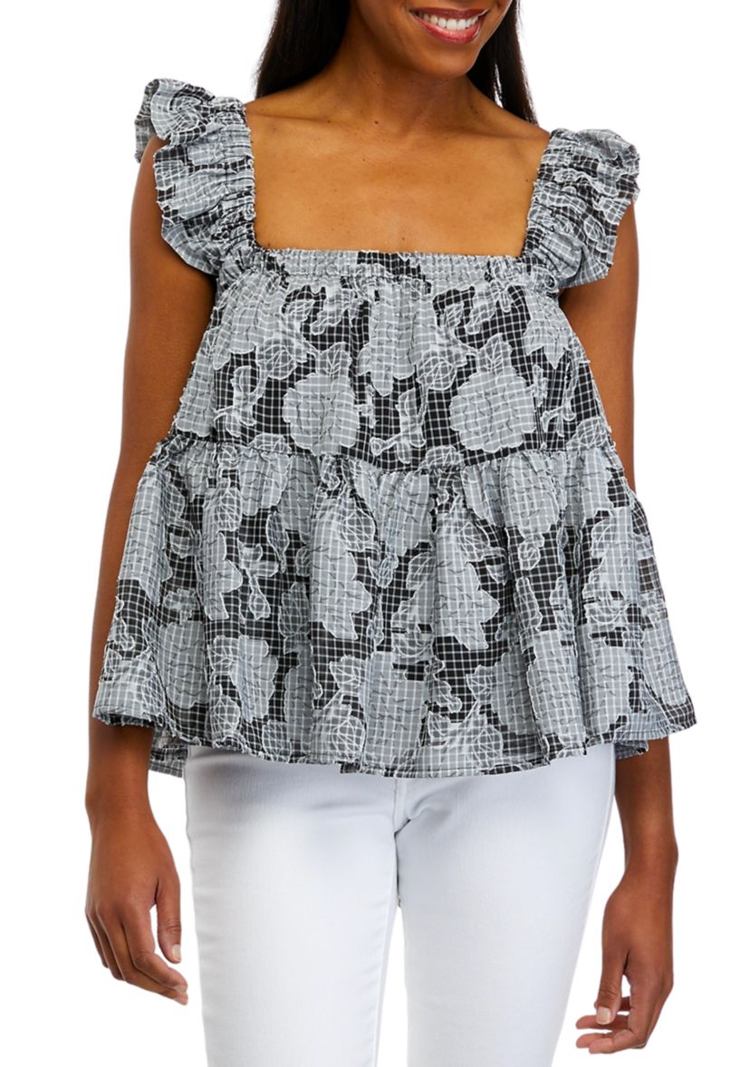 Womens Flutter Sleeve Tiered Burnout Tank Top