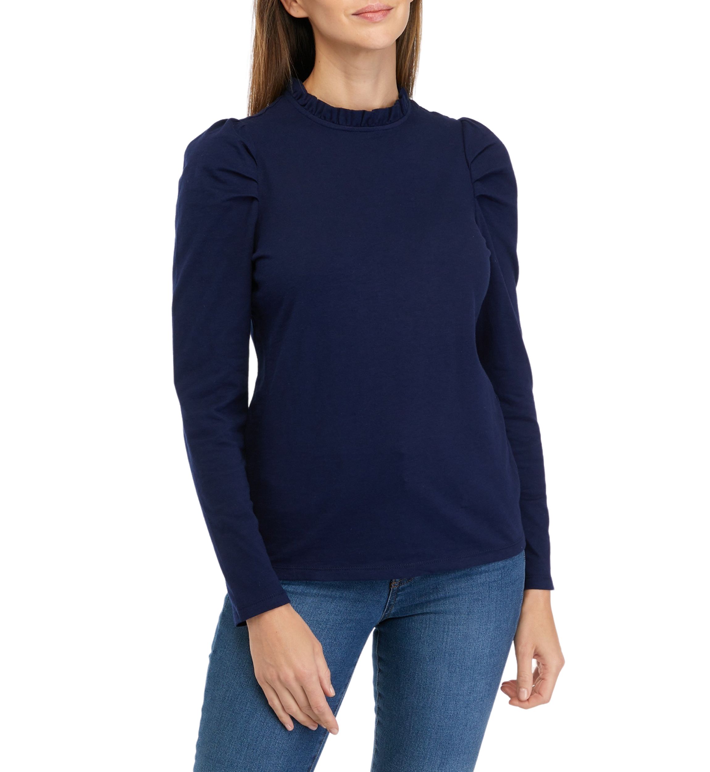 Womens Puff Sleeve Ruffle Neck Top 