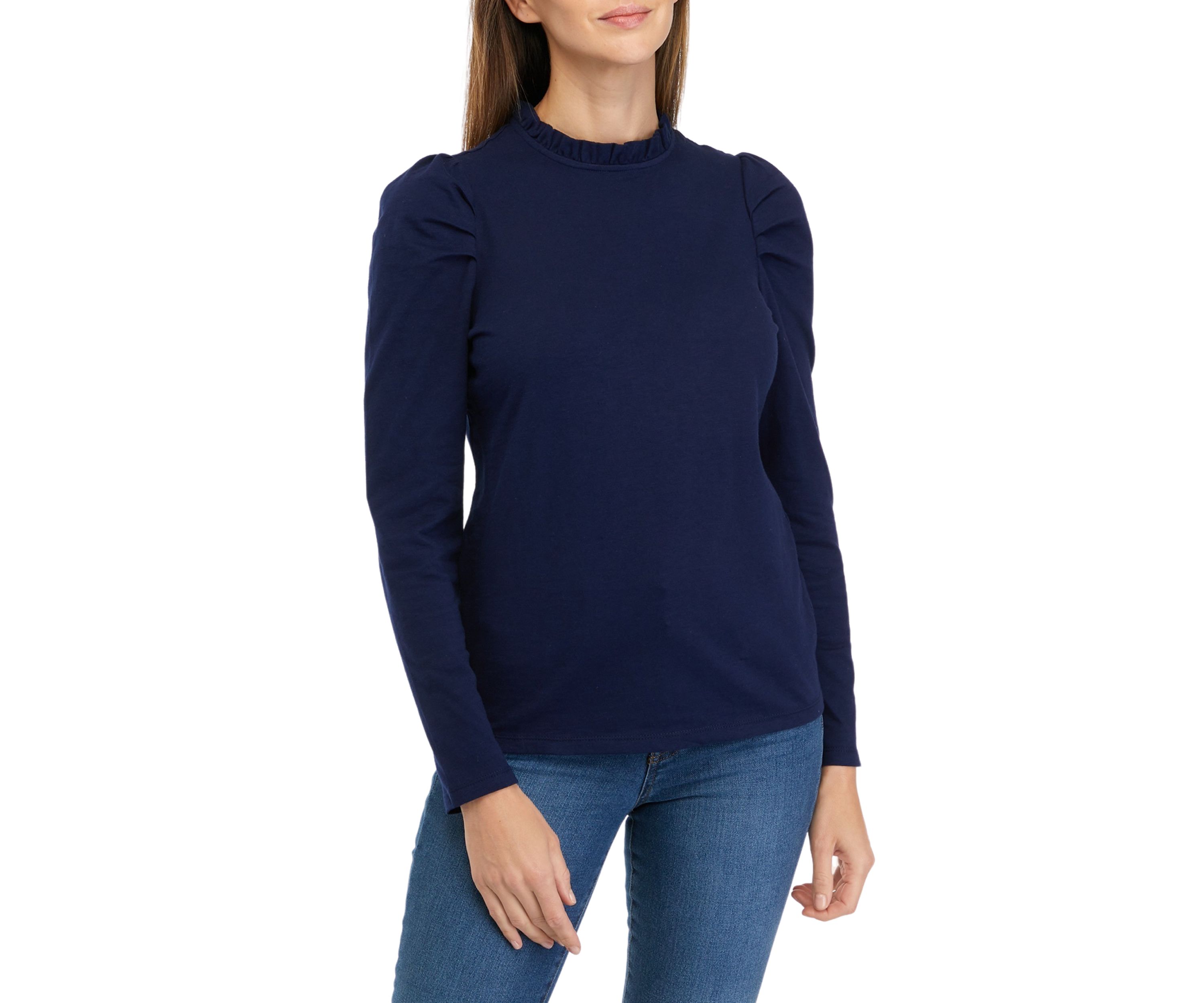 Womens Puff Sleeve Ruffle Neck Top 