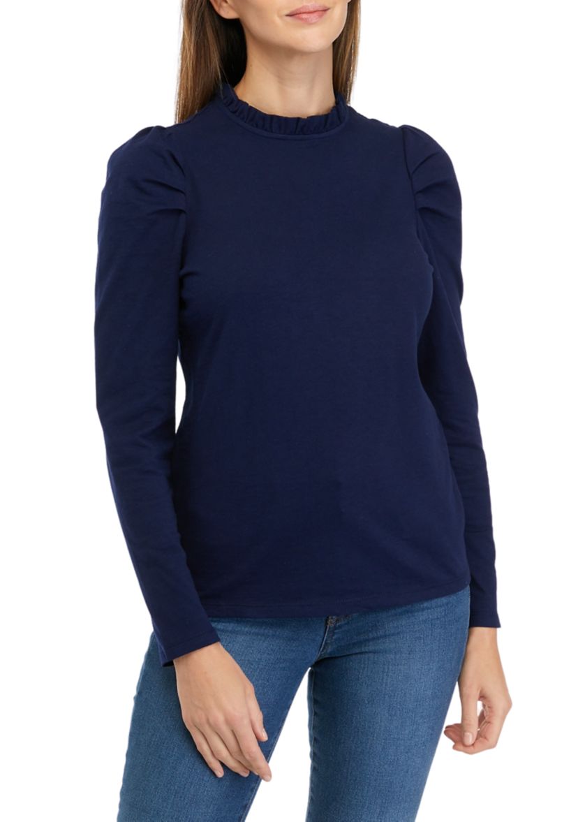 Womens Puff Sleeve Ruffle Neck Top 