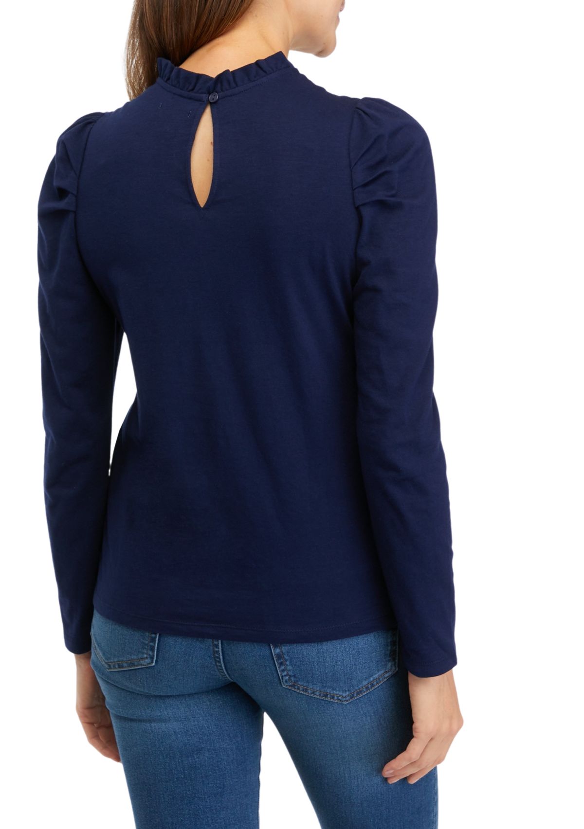 Womens Puff Sleeve Ruffle Neck Top 
