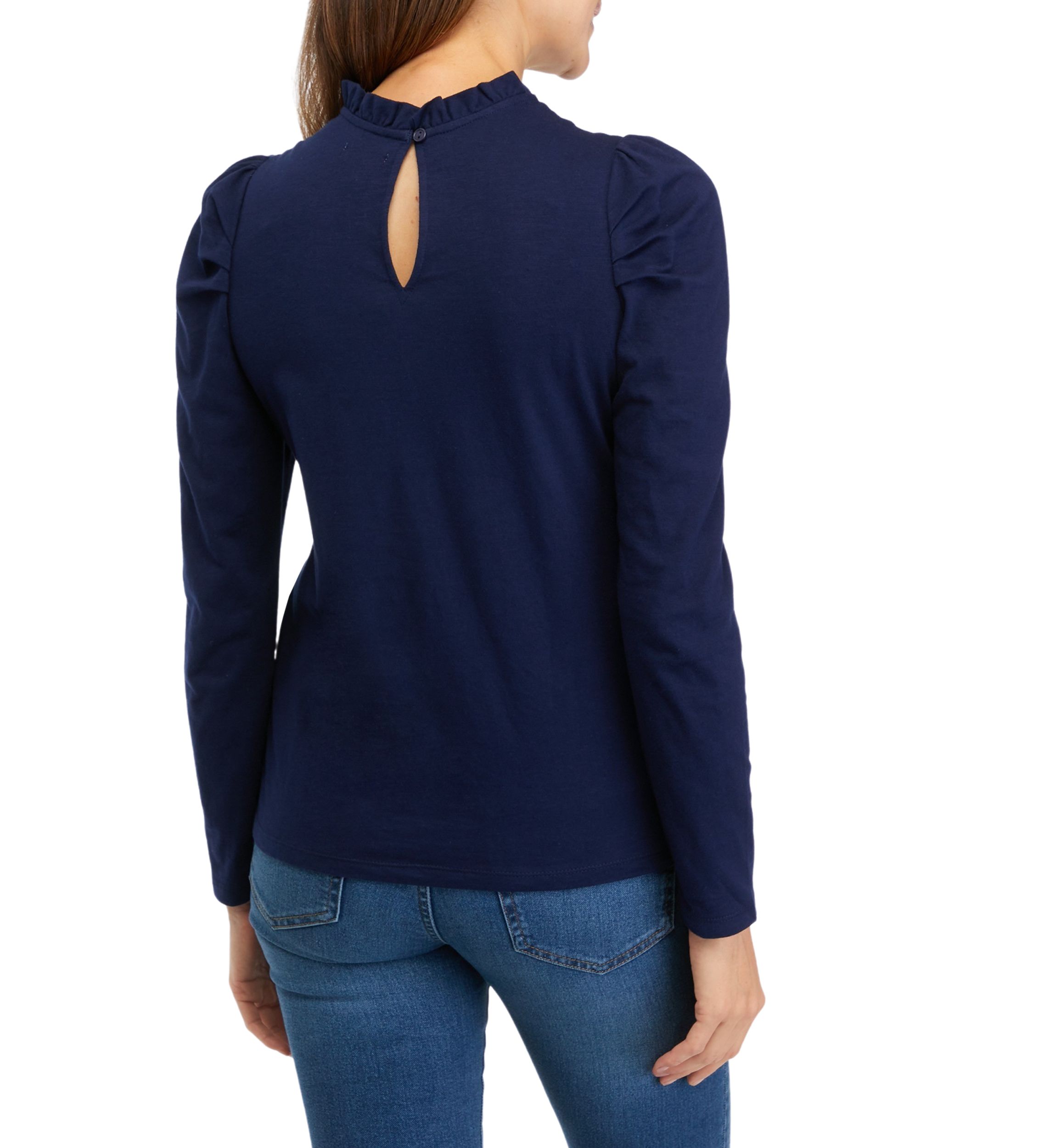 Womens Puff Sleeve Ruffle Neck Top 