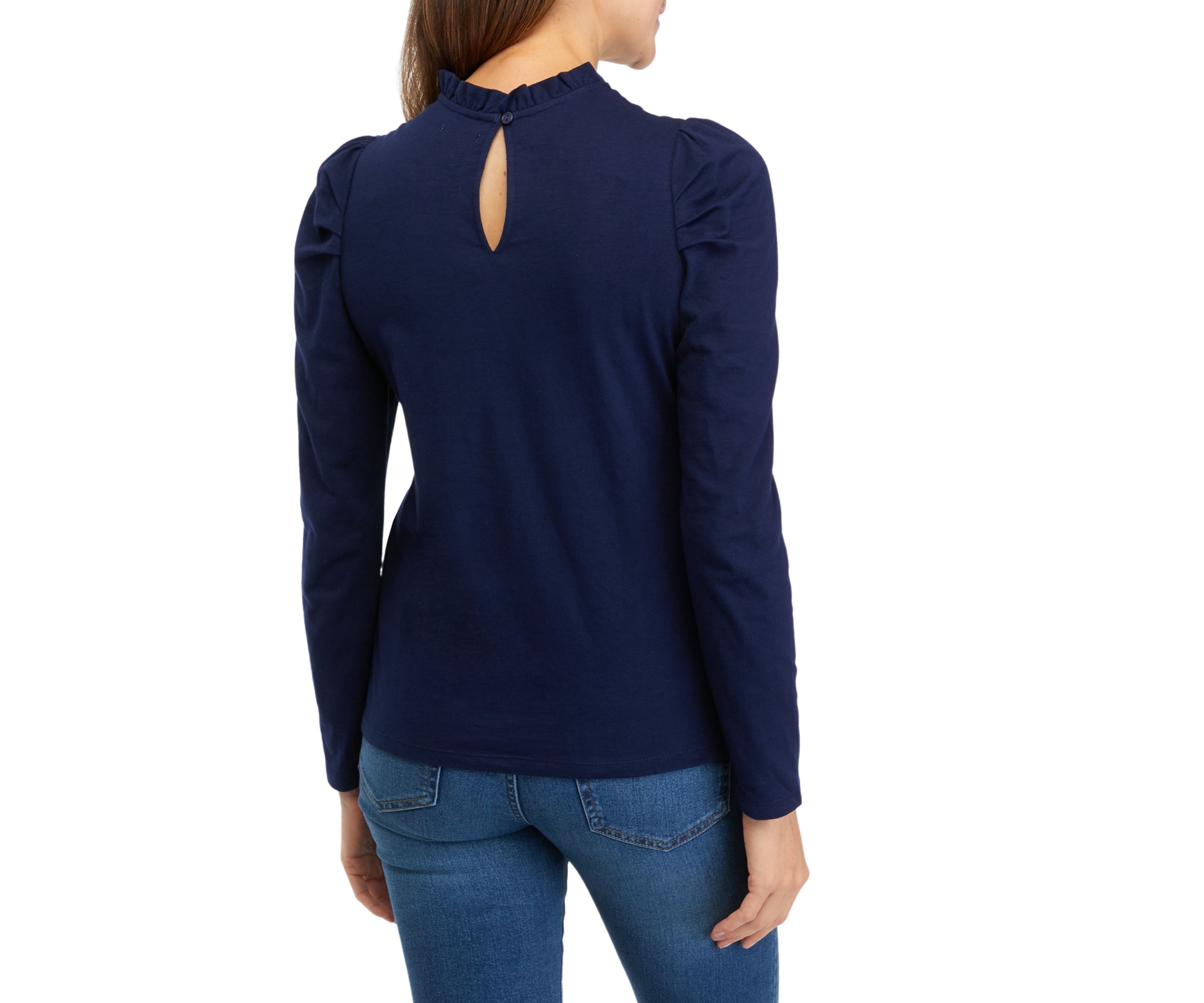Womens Puff Sleeve Ruffle Neck Top 