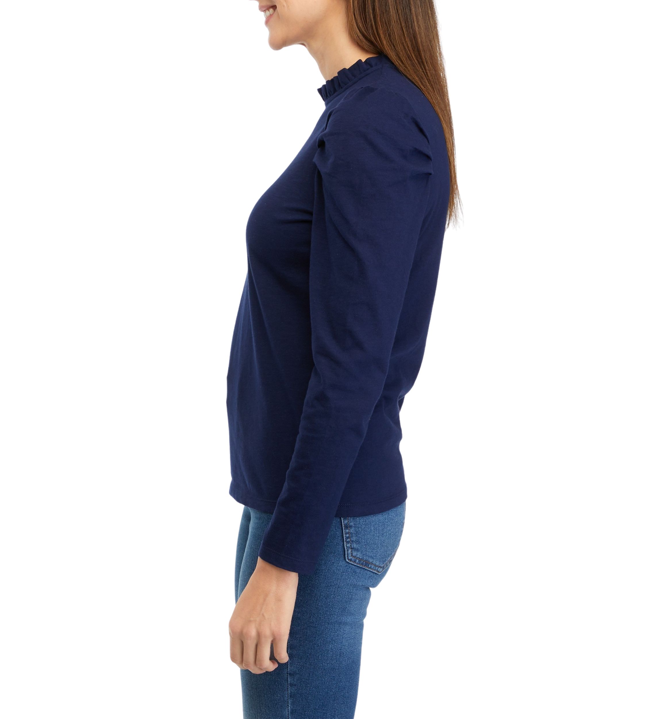 Womens Puff Sleeve Ruffle Neck Top 