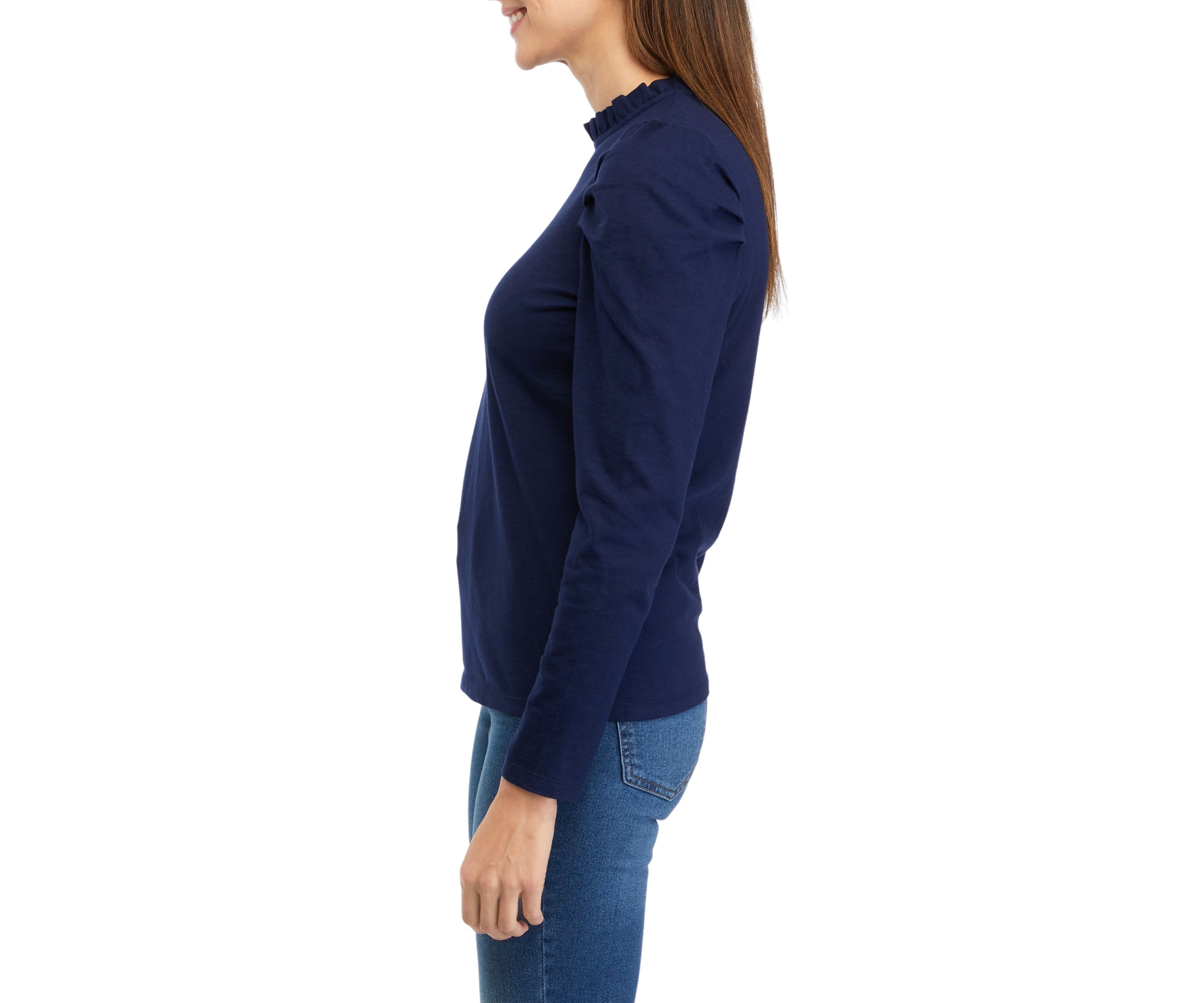 Womens Puff Sleeve Ruffle Neck Top 