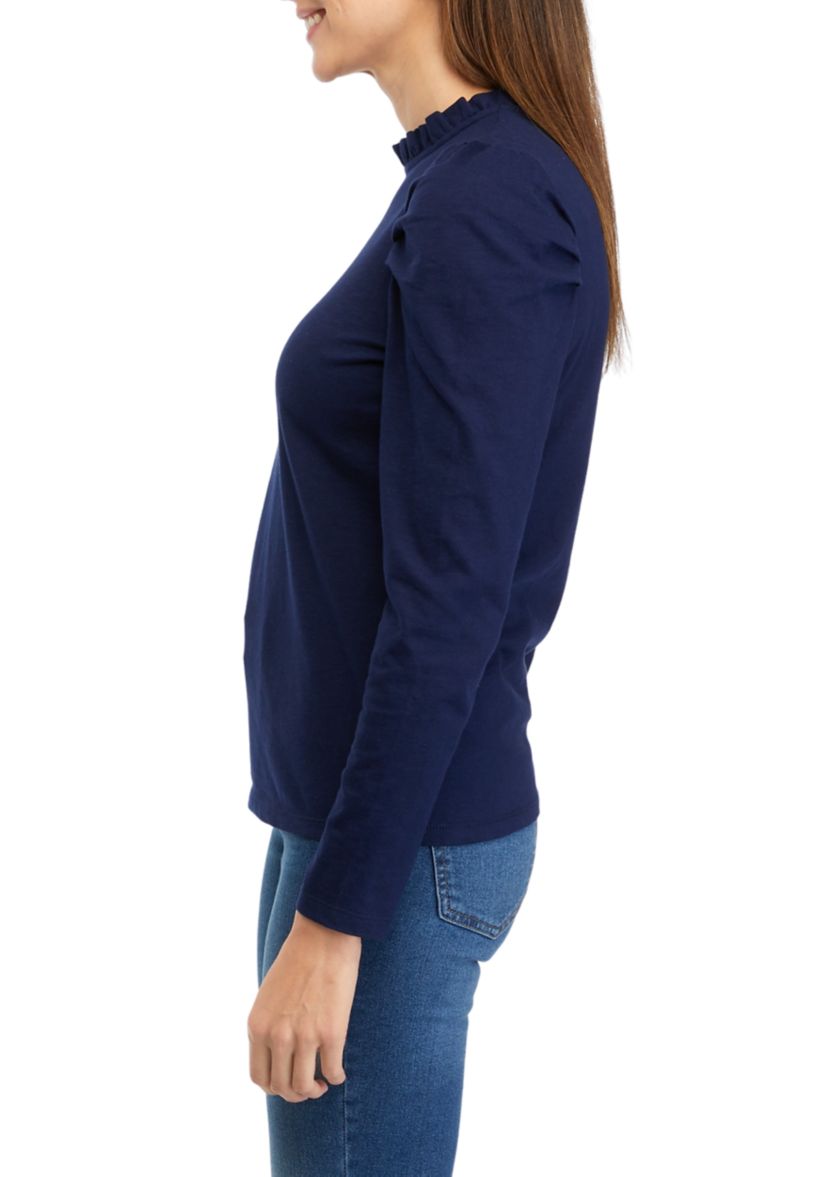 Womens Puff Sleeve Ruffle Neck Top 