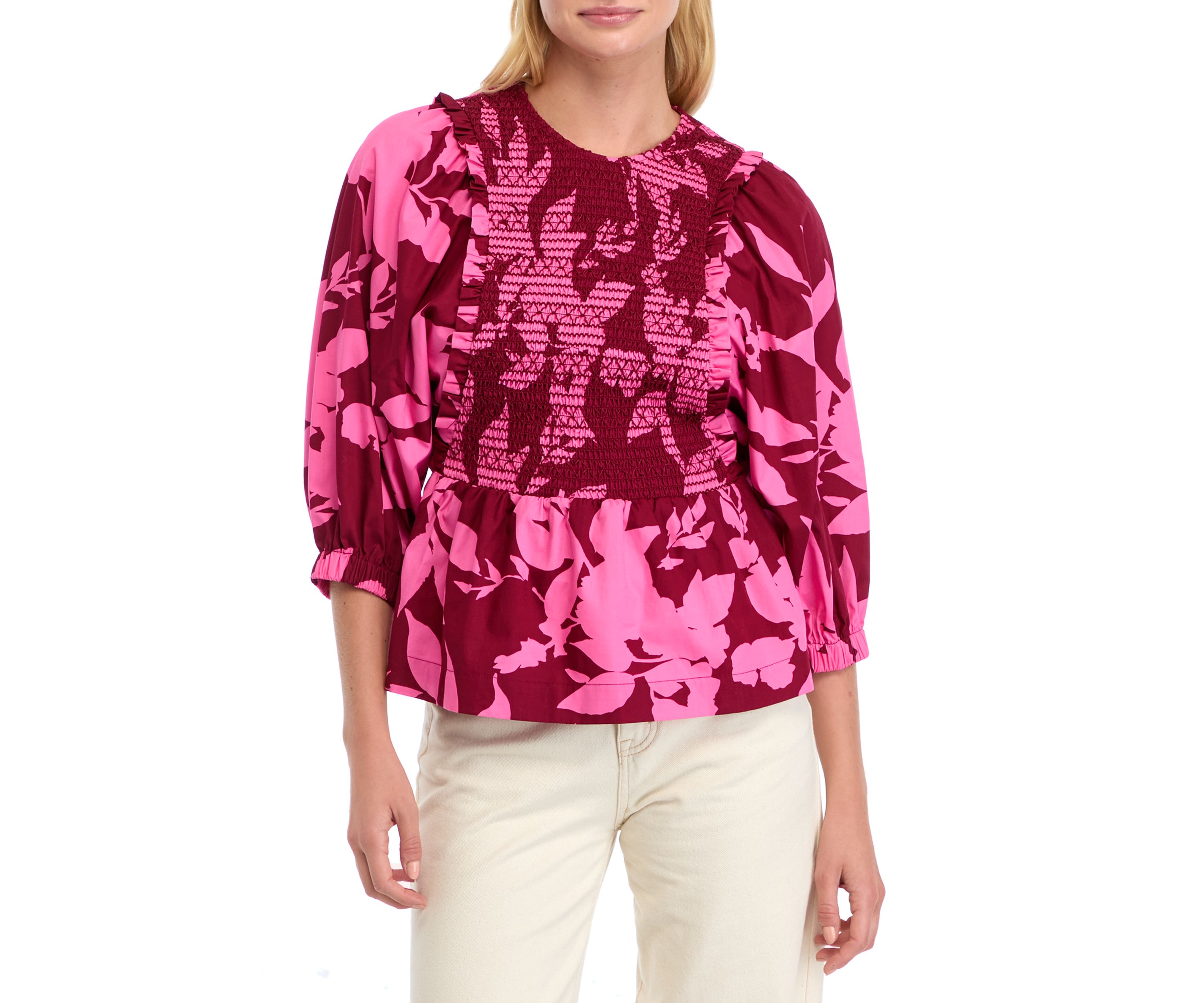 Womens 3/4 Sleeve Floral Smock Top 