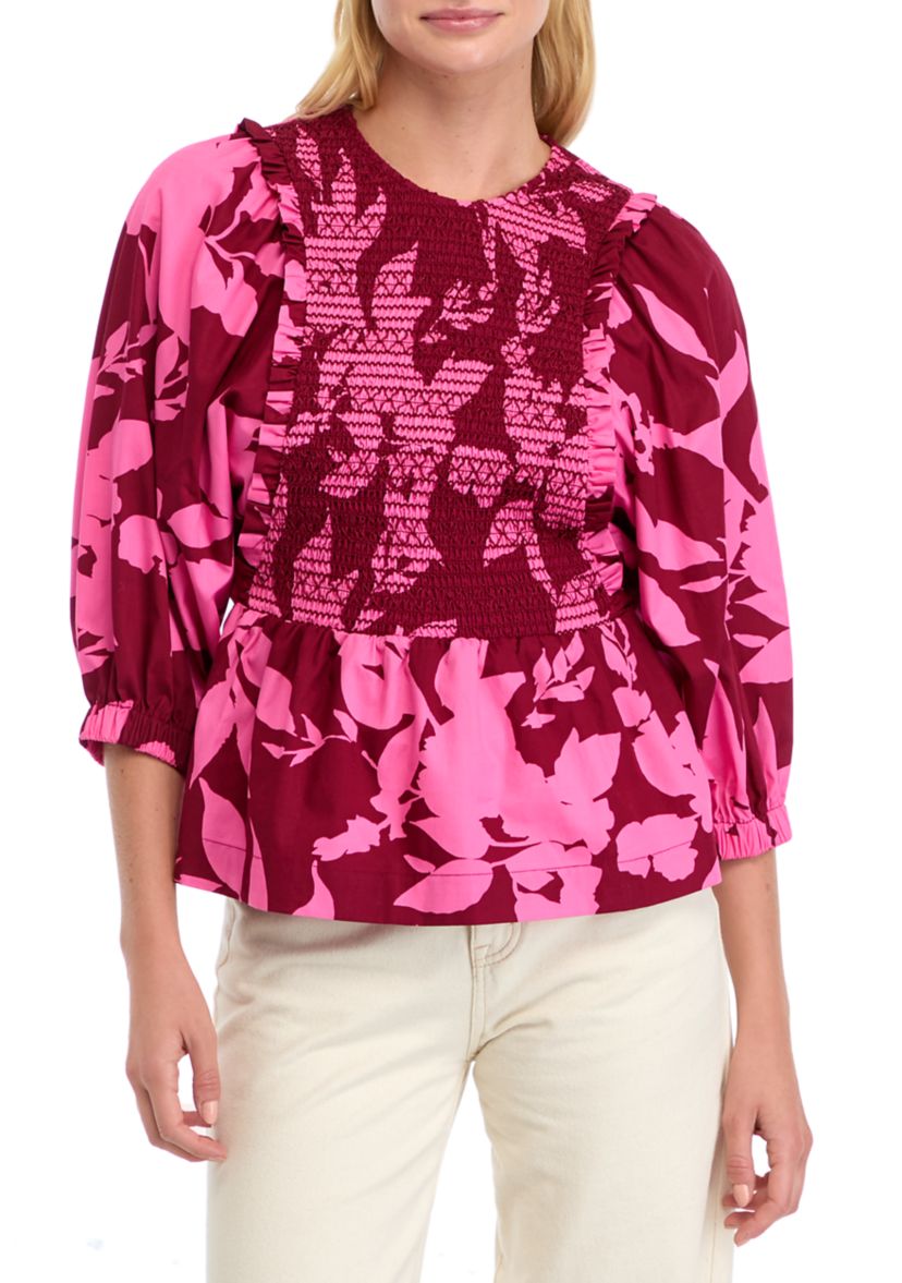 Womens 3/4 Sleeve Floral Smock Top 