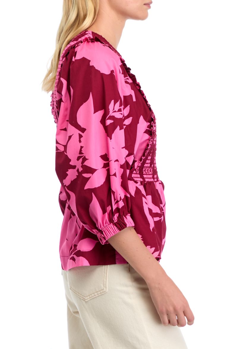 Womens 3/4 Sleeve Floral Smock Top 